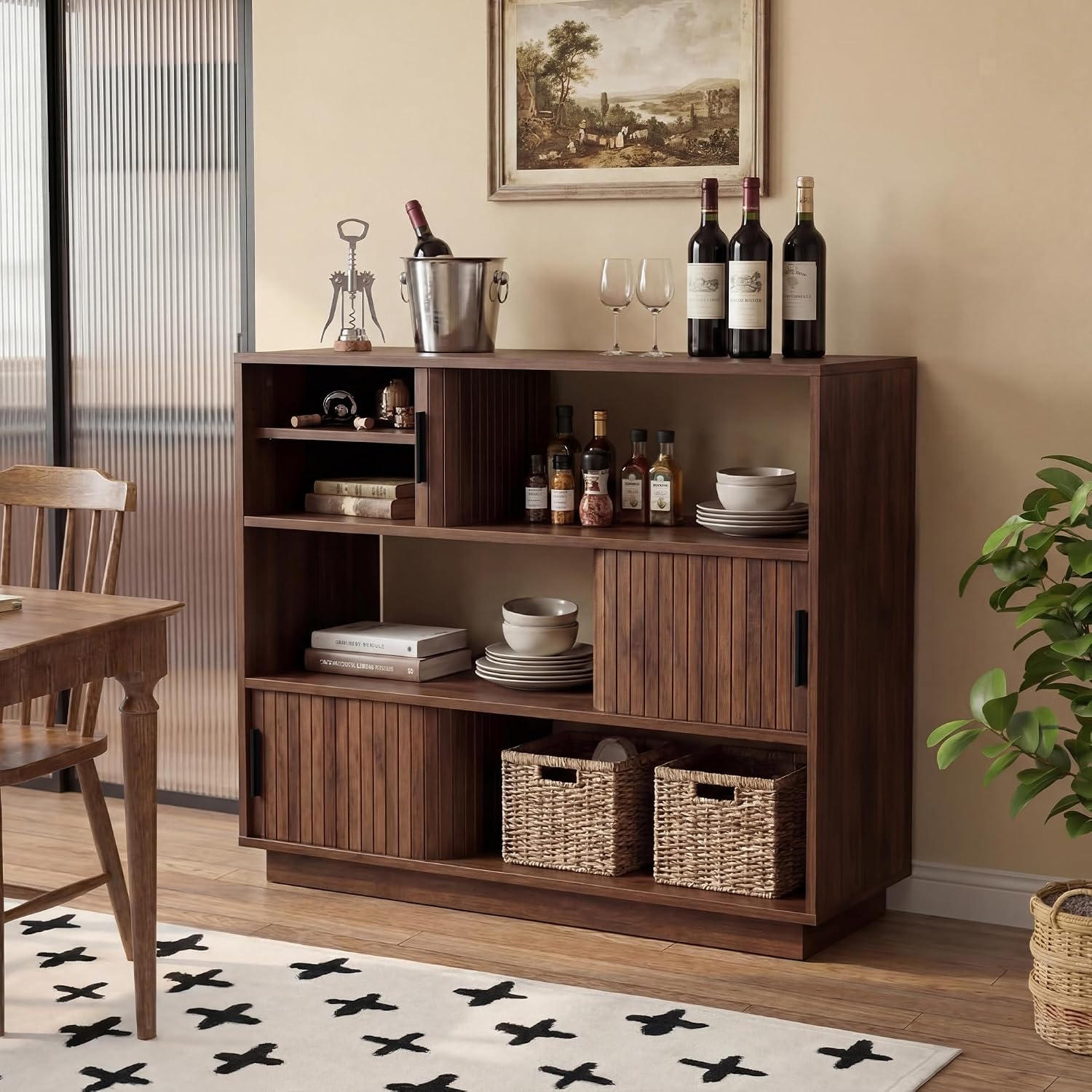 Sliding Door Sideboard with Adjustable Shelves Wood