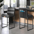 Black Stitched Leather Bar Stools Mid Century Set 2