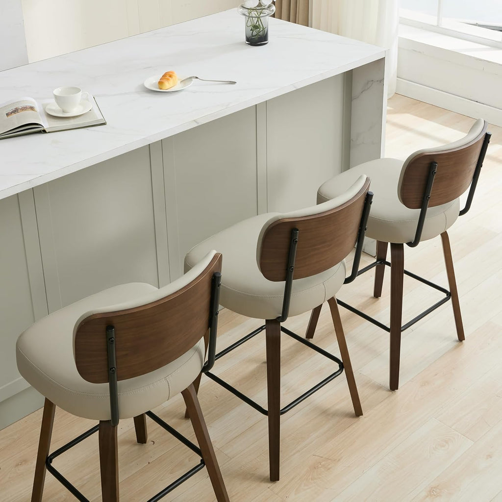 Beige Gray Swivel Bar Stools Walnut Legs Set 4