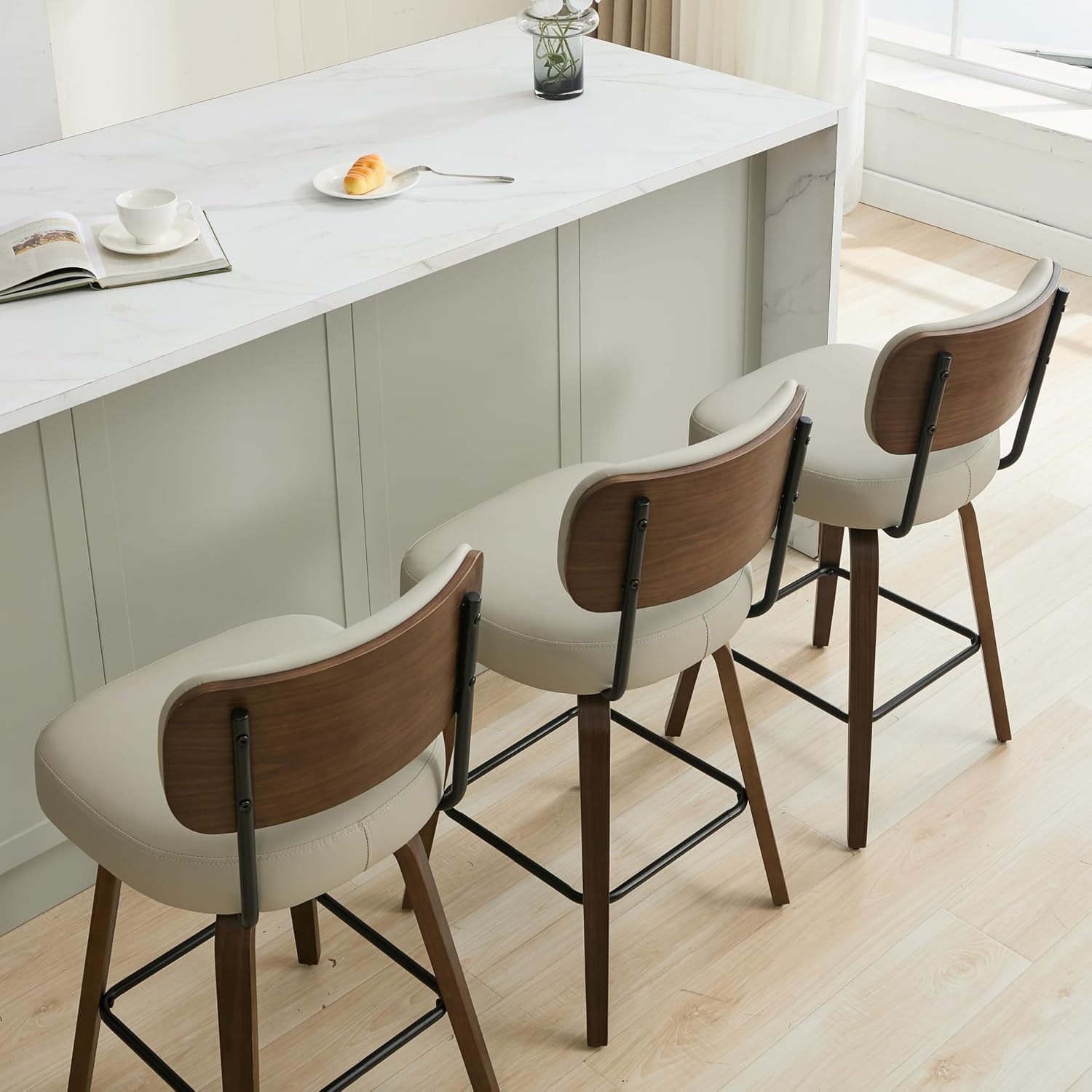 Beige Gray Swivel Bar Stools Walnut Legs Set 4