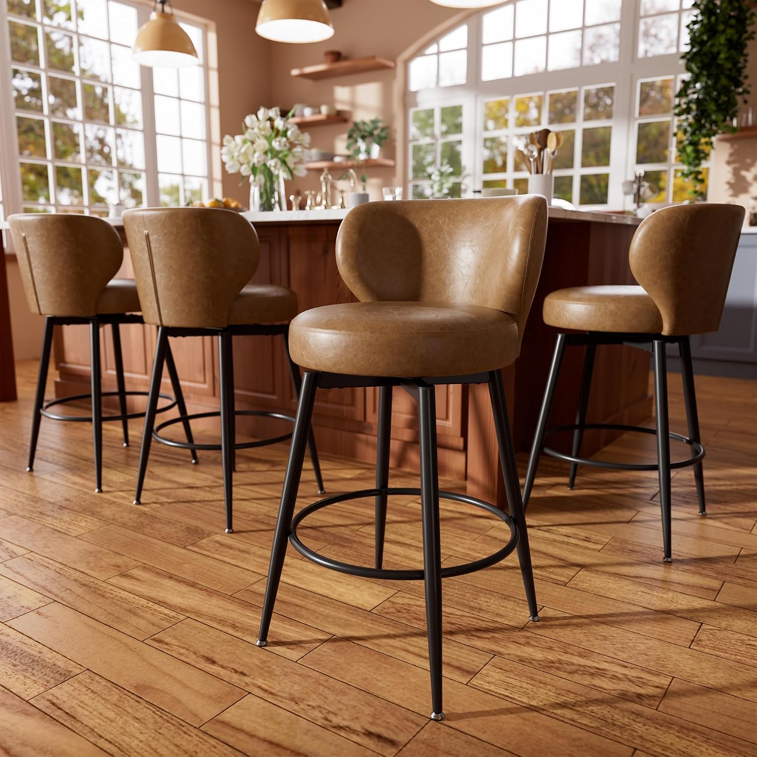 Swivel Brown Bar Stools Cushioned Winged Back Set 4