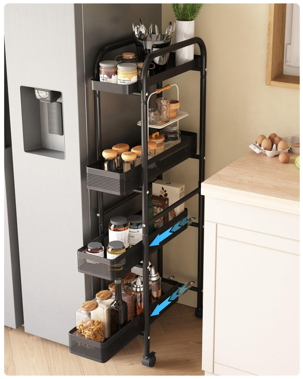 4-Tier Slim Rolling Cart with Pull Out Baskets White