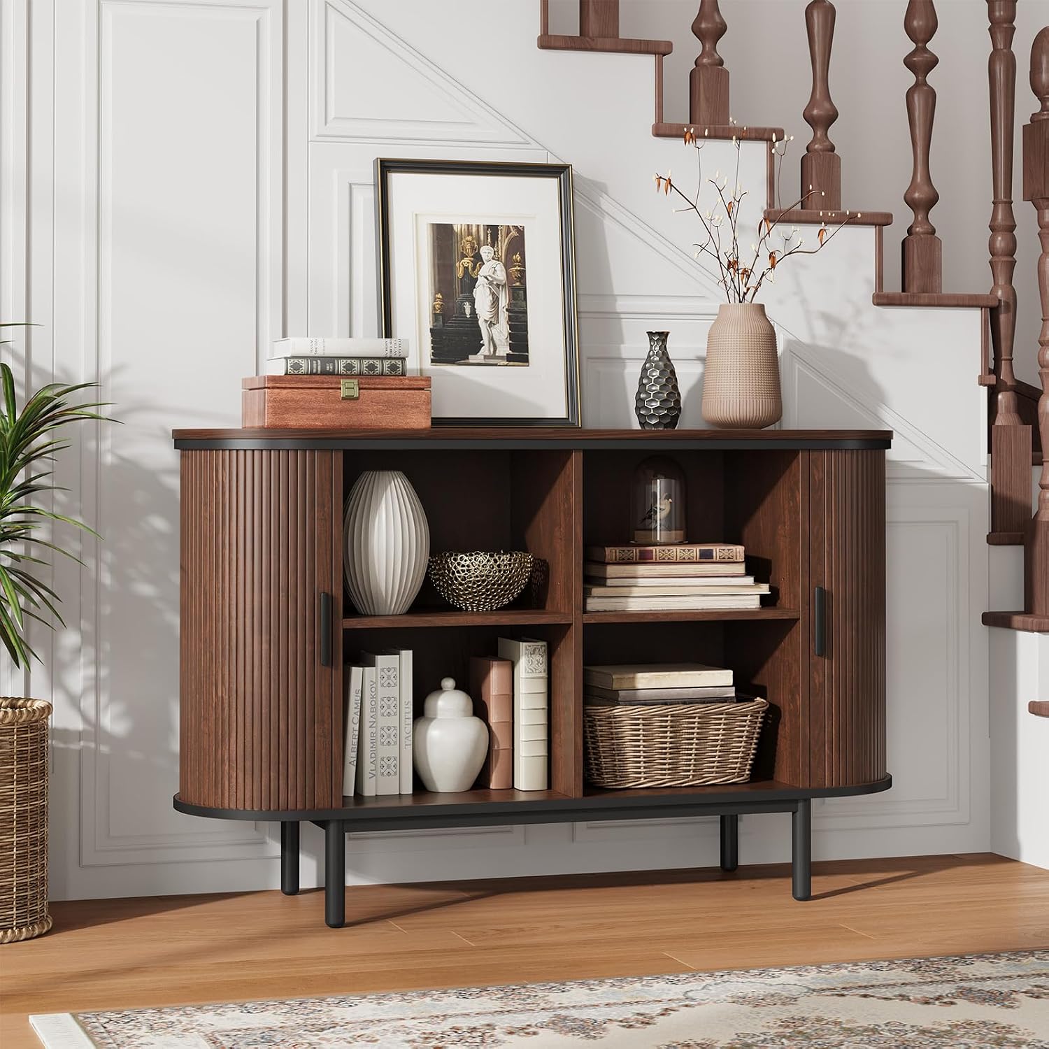 Mid Century Console Sliding Doors Walnut Storage