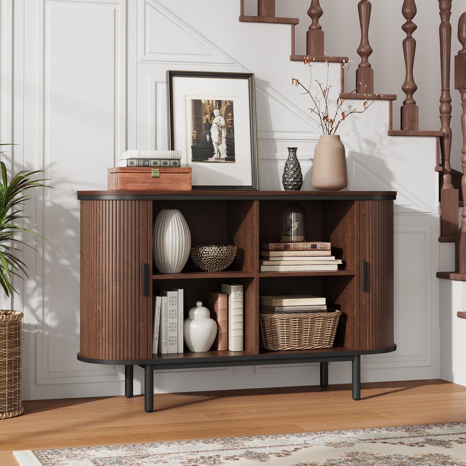 Mid Century Console Sliding Doors Walnut Storage