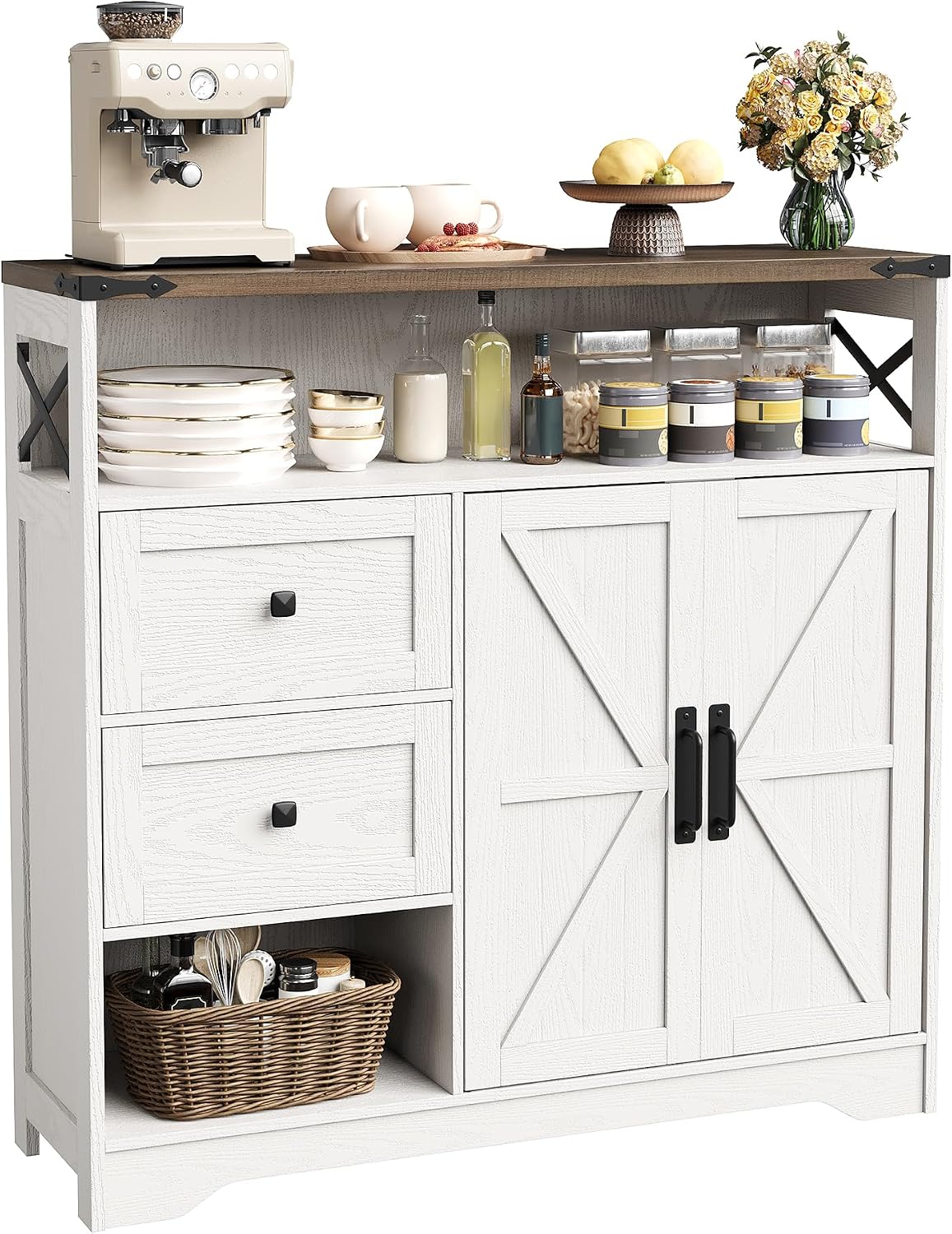 Farmhouse White Sideboard Drawers Open Storage Shelves