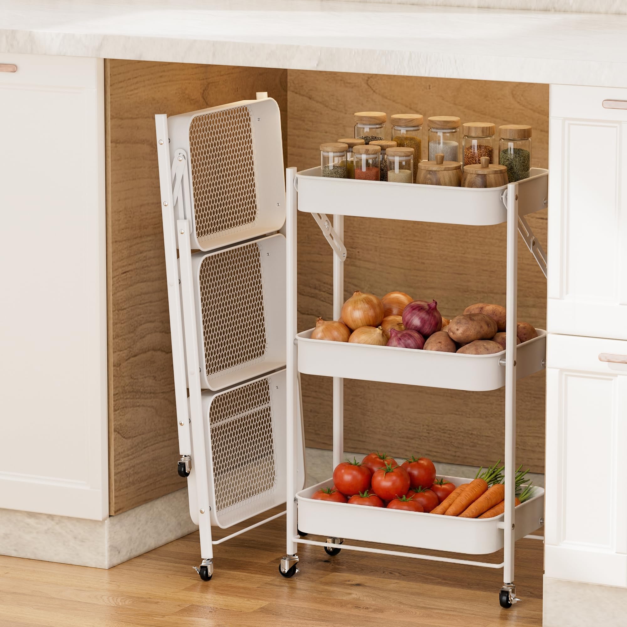 3-Tier Foldable Under Desk Rolling Storage Cart Black