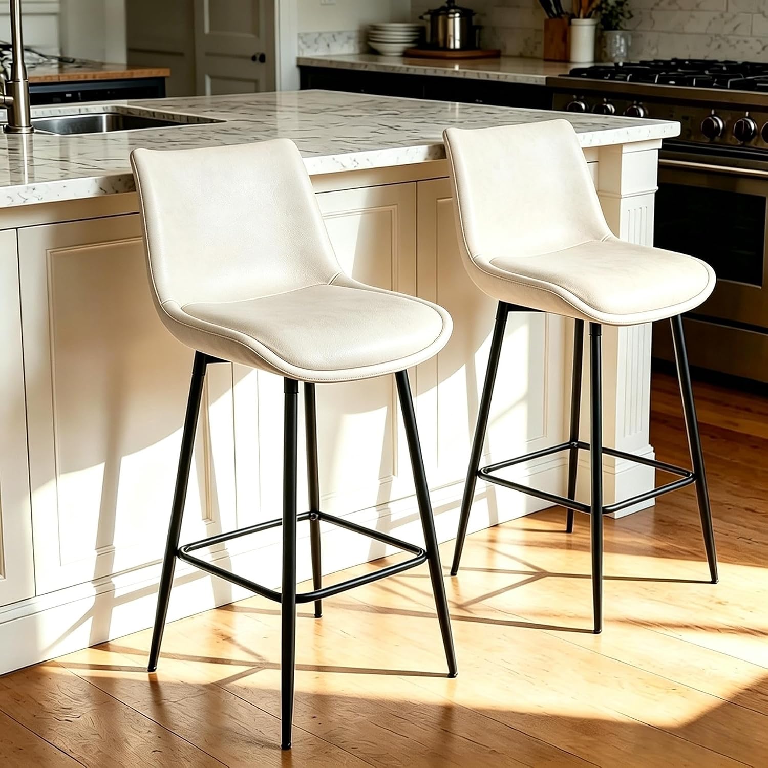 Beige Leather Bar Stools Metal Base Set of Three