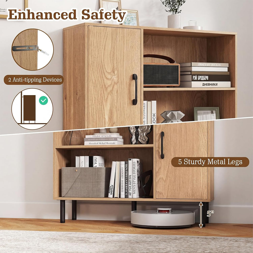 4-Tier Tall Sideboard Cabinet Doors Shelves Natural