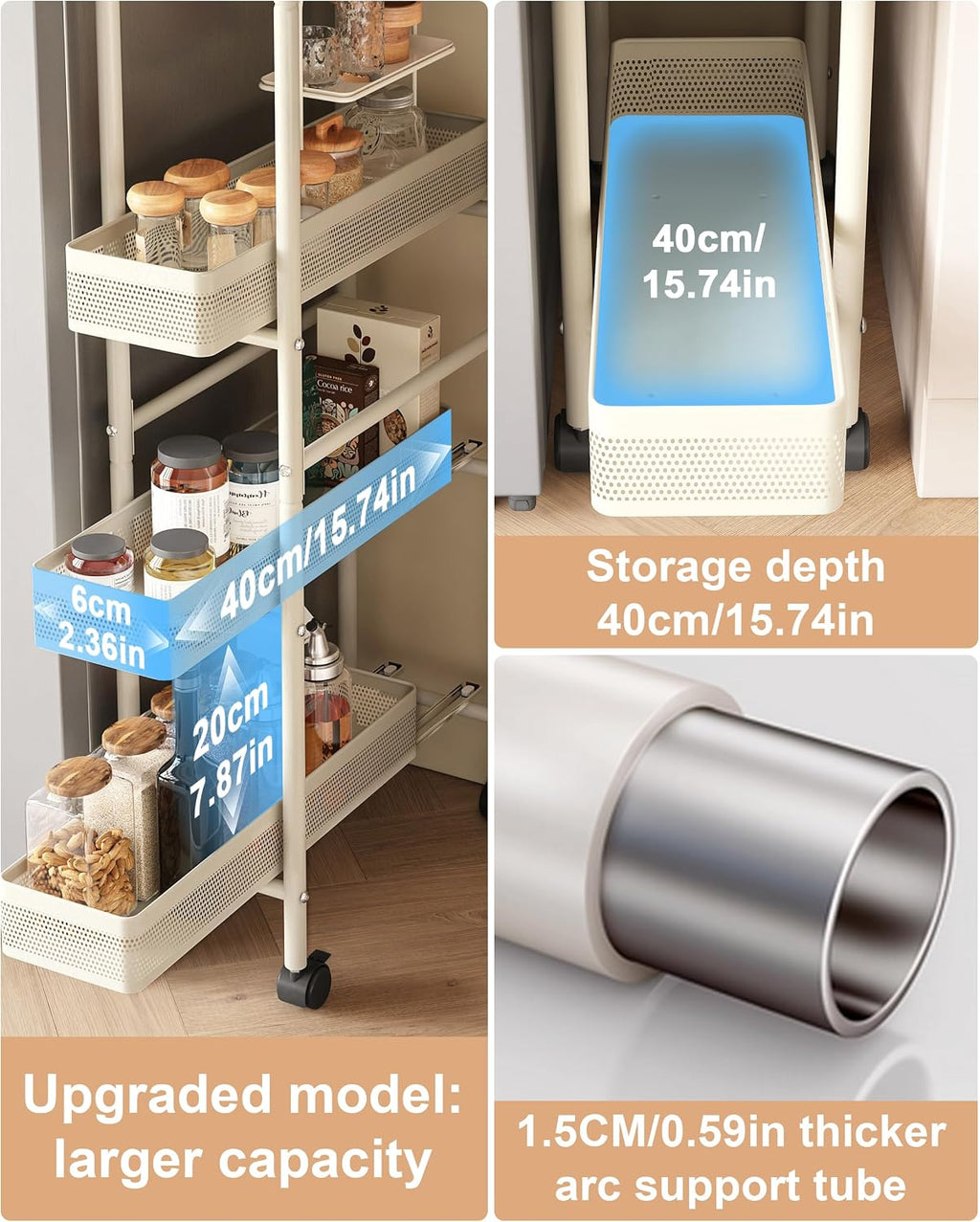 4-Tier Slim Rolling Cart with Pull Out Baskets White