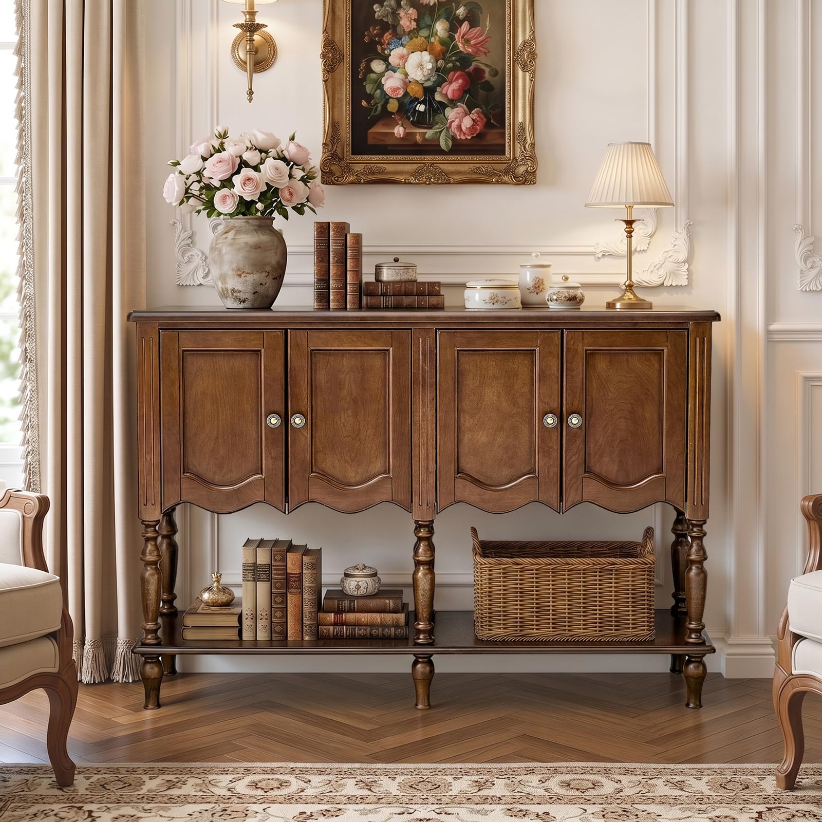 Farmhouse Console Table Cabinet Open Shelves Brown