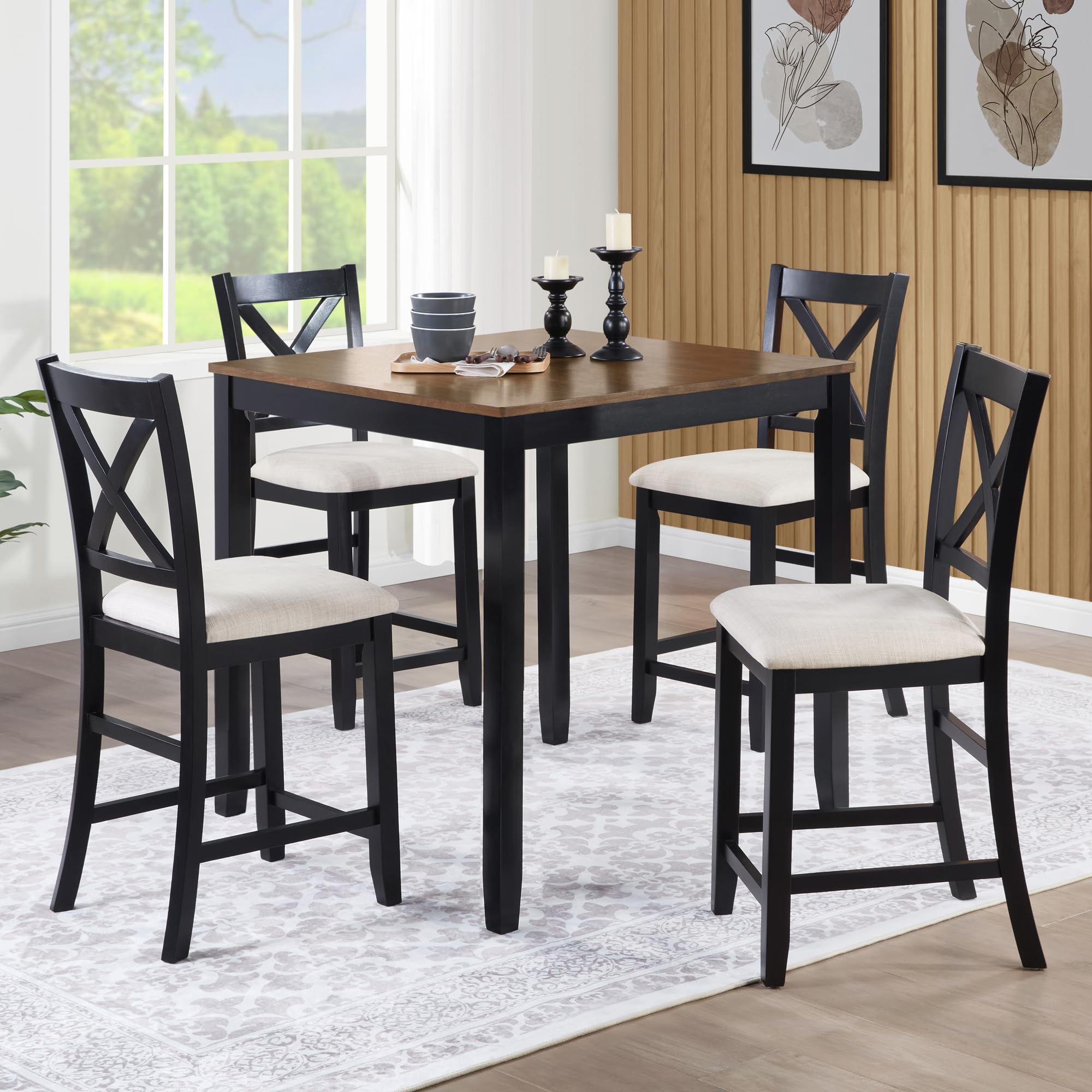 Walnut Farmhouse Dining Set Wood Table 4 Chairs
