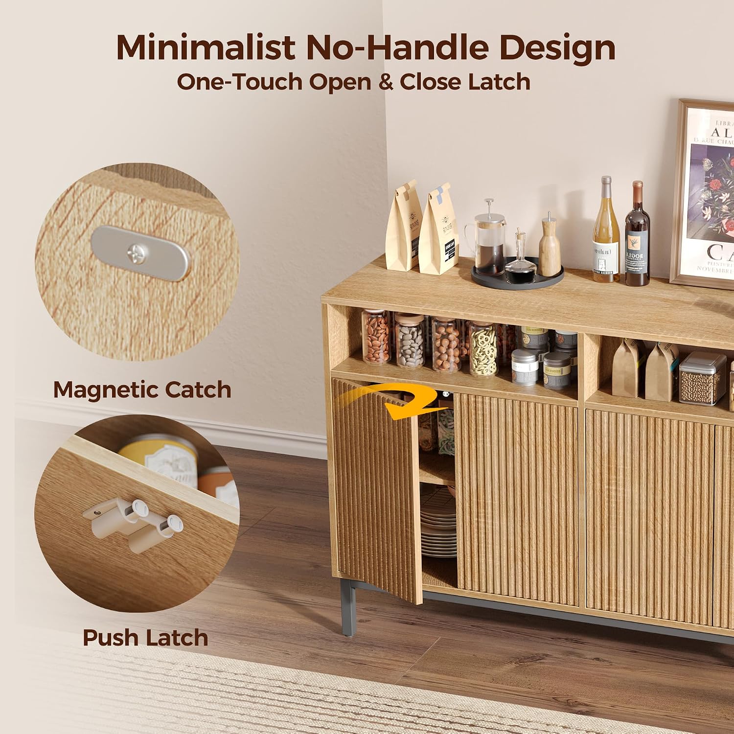 Fluted Sideboard Four Doors Open Storage Shelves