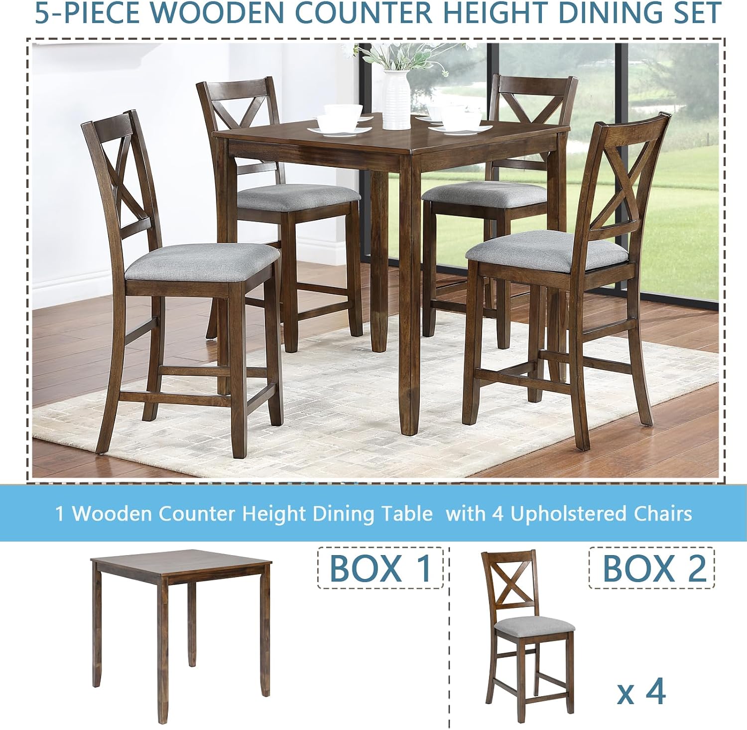 Walnut Farmhouse Dining Set Wood Table 4 Chairs
