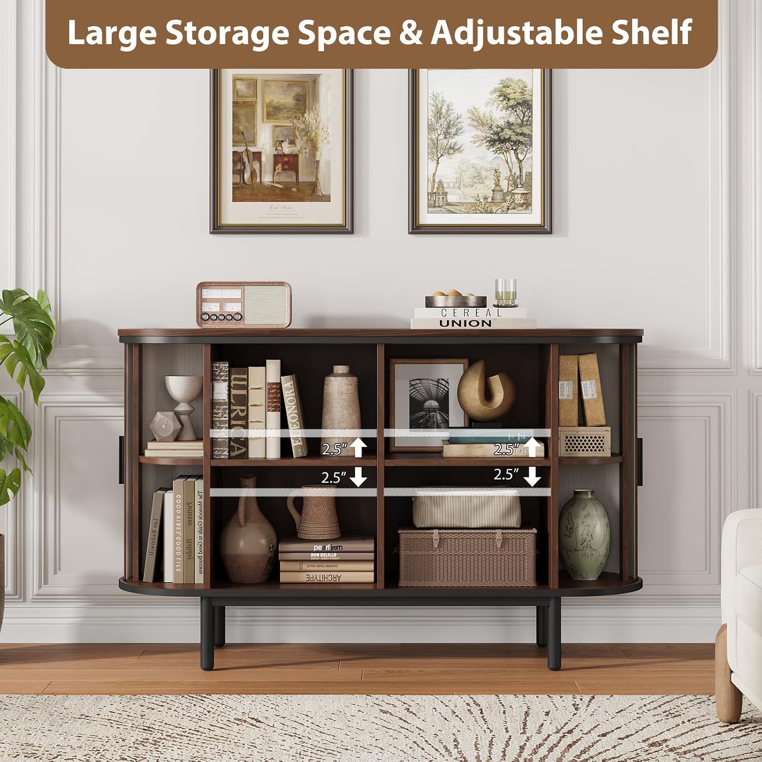 Mid Century Console Sliding Doors Walnut Storage