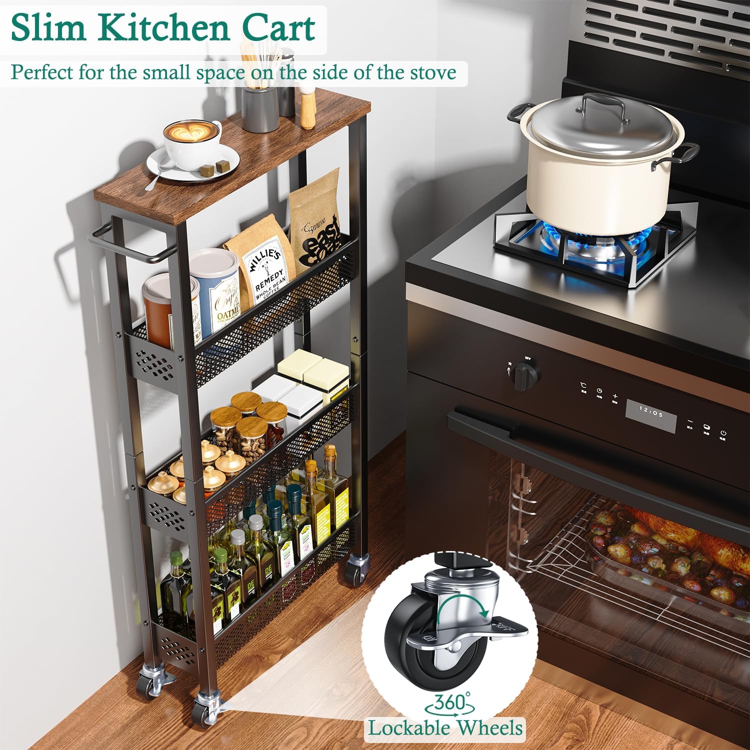 Narrow 4-Tier Rolling Storage Cart with Wood Top