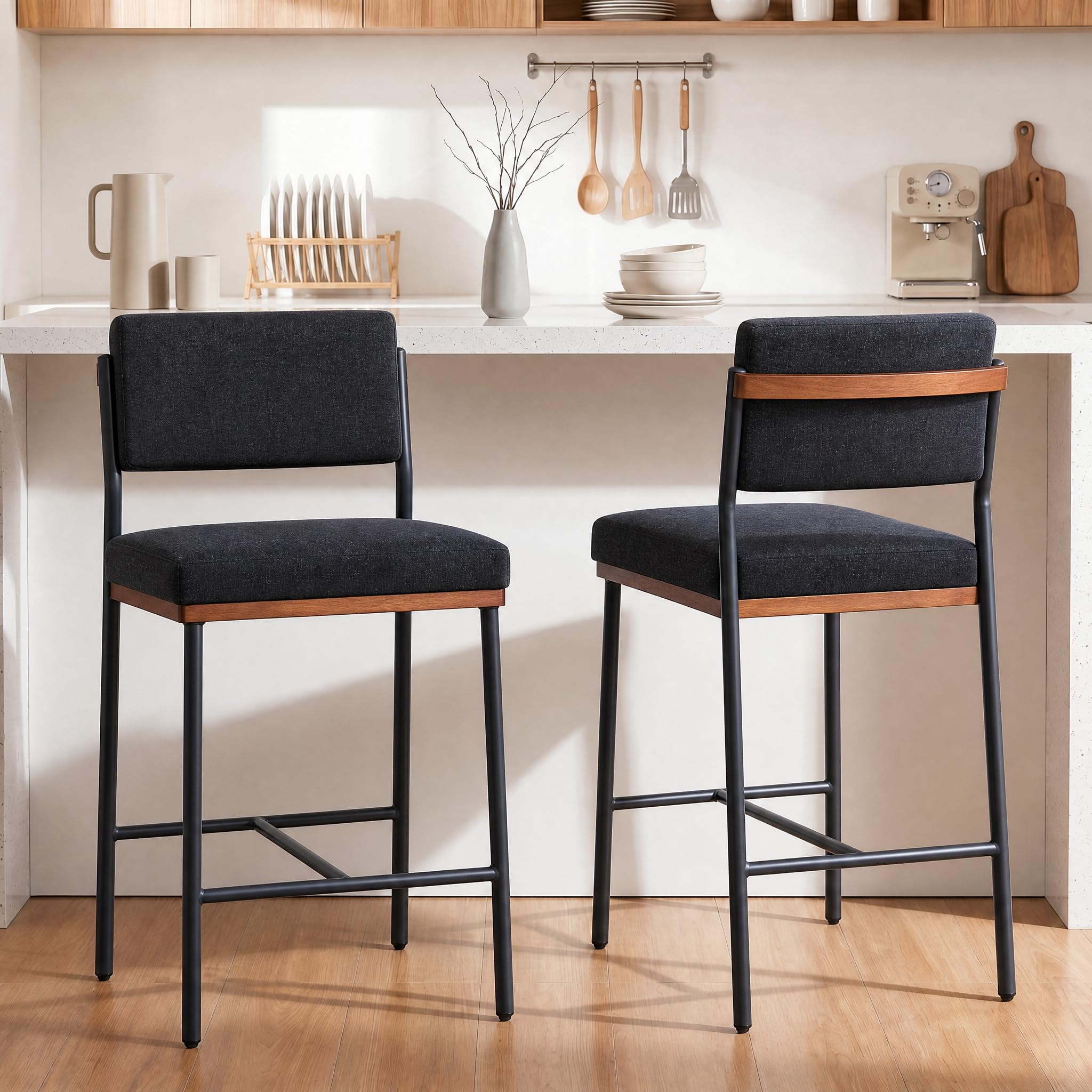 Brown Leather Bar Stools Wide Back Metal Legs Set 2