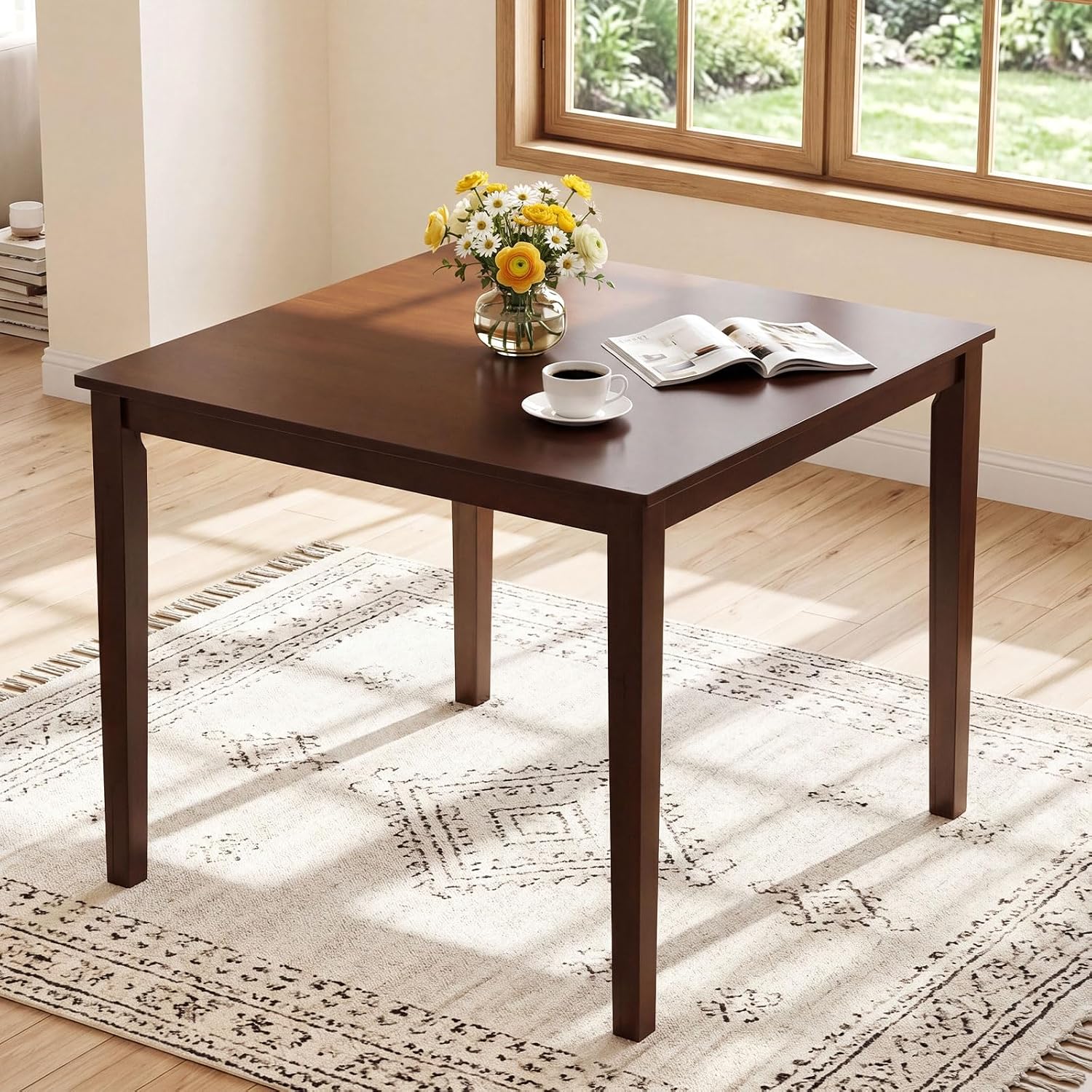 Walnut Wood Square Dining Table Rubber Legs Seats 4