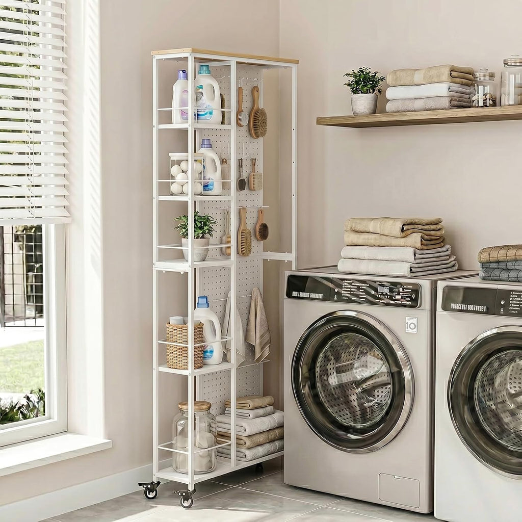 5-Tier Slim Rolling Cart with Pegboard White