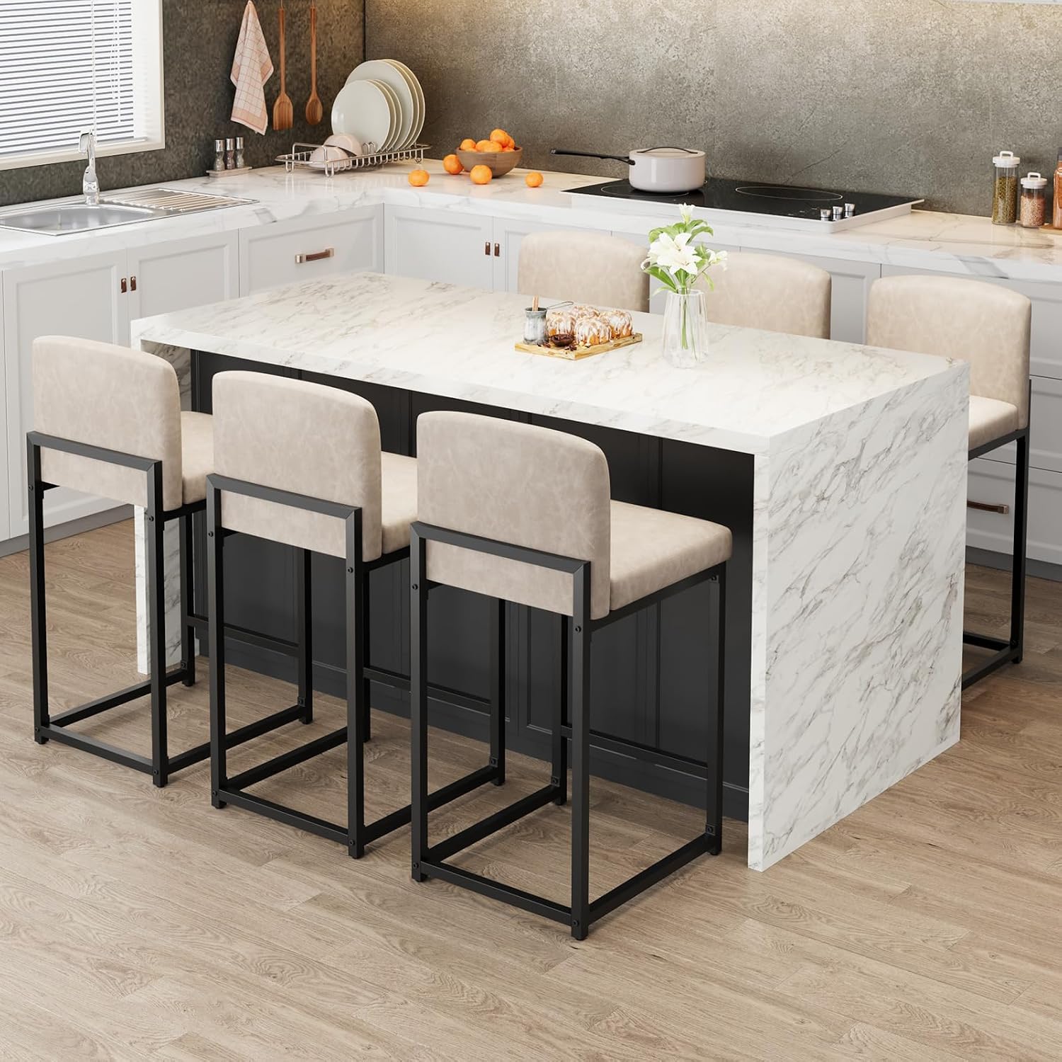 Beige Leather Bar Stools Back Footrest Set of Four
