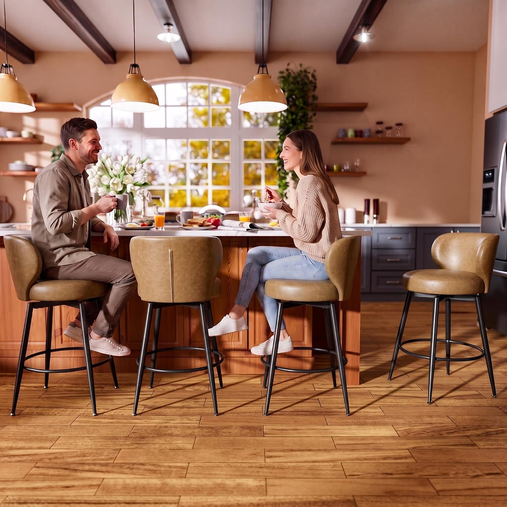Swivel Brown Bar Stools Cushioned Winged Back Set 4
