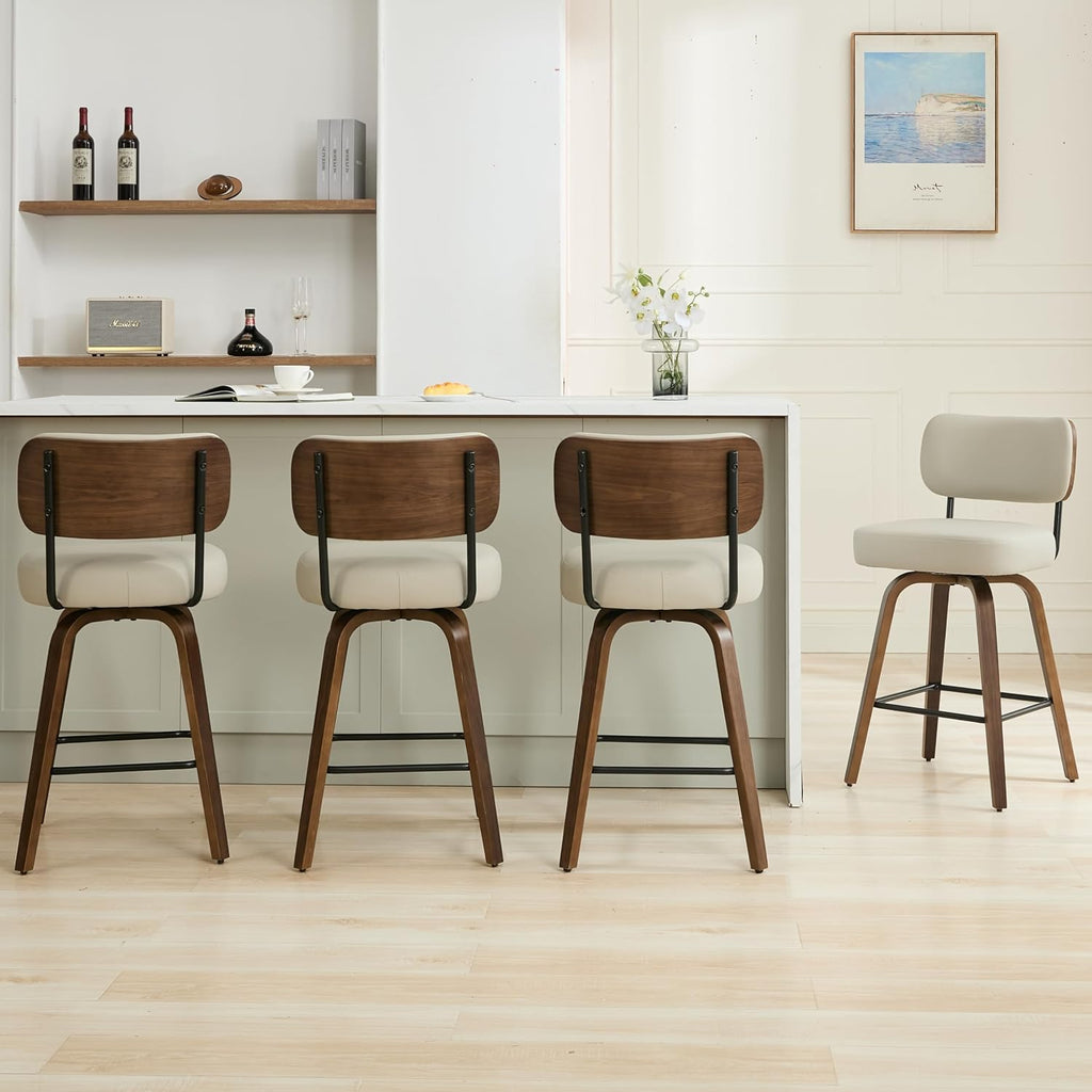 Beige Gray Swivel Bar Stools Walnut Legs Set 4