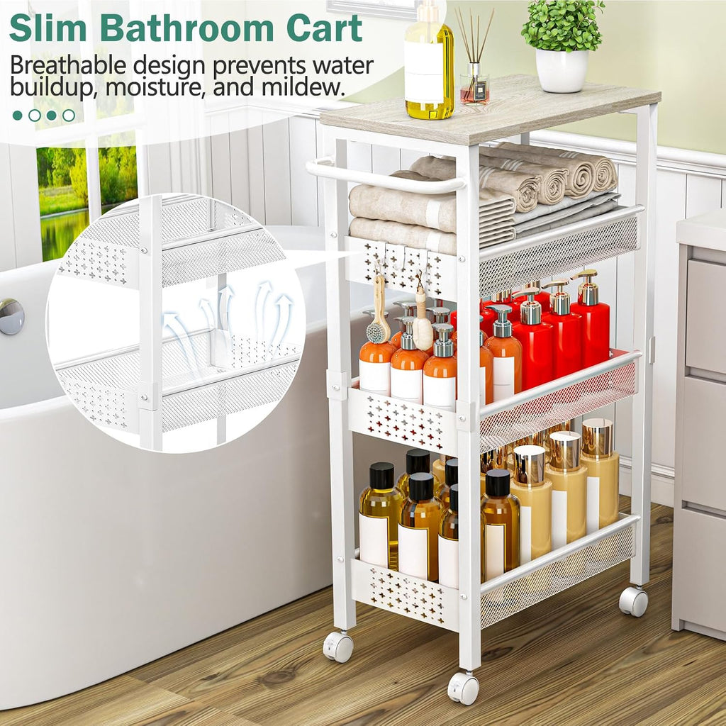4-Tier Wood Top Slim Rolling Cart Handle White