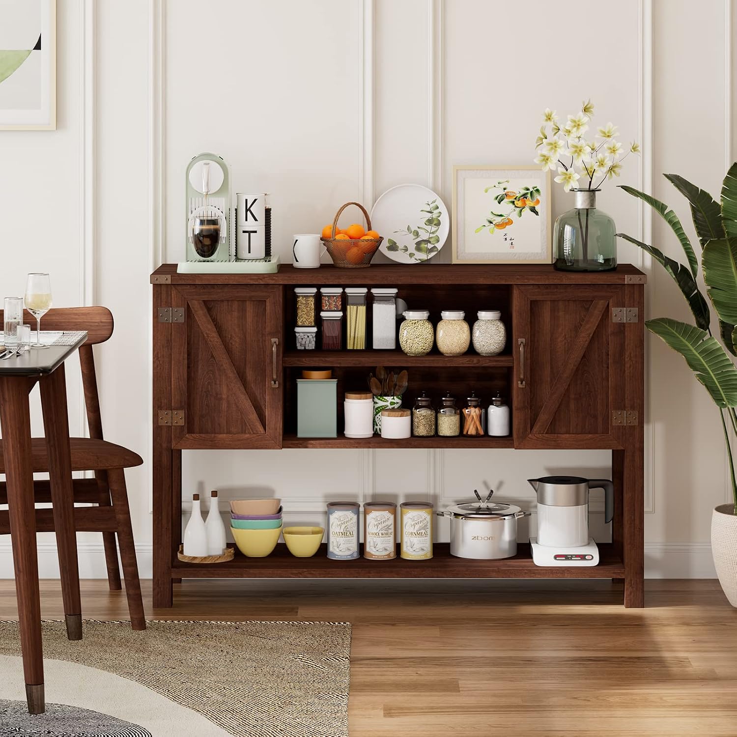 Farmhouse Wood Sideboard Cabinets Open Shelves Brown