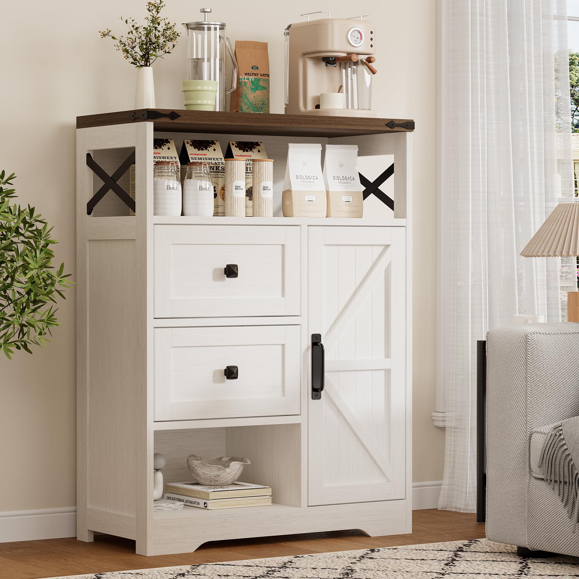 Farmhouse White Sideboard Drawers Open Storage Shelves