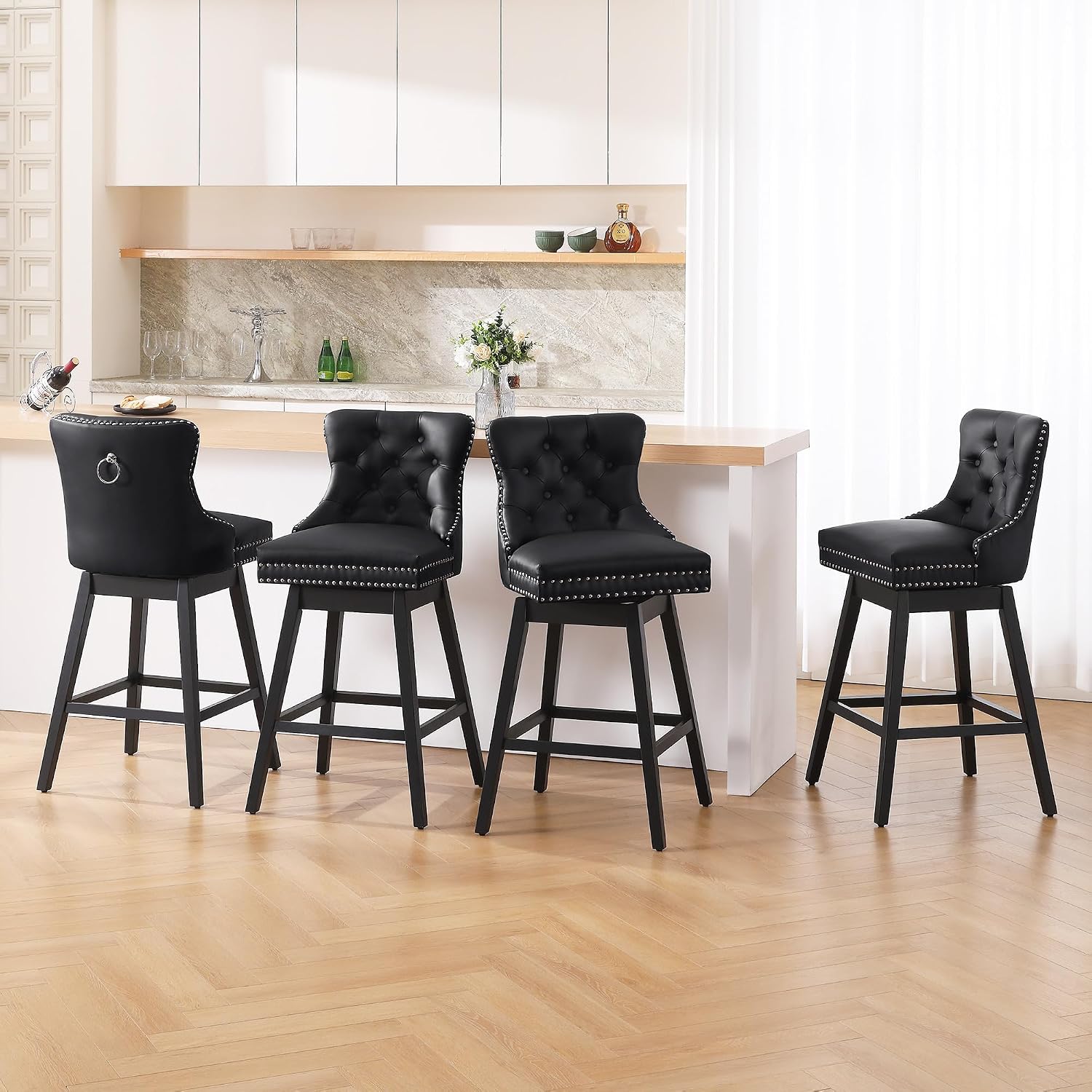 Black Tufted Swivel Bar Stools Wood Legs Set 2