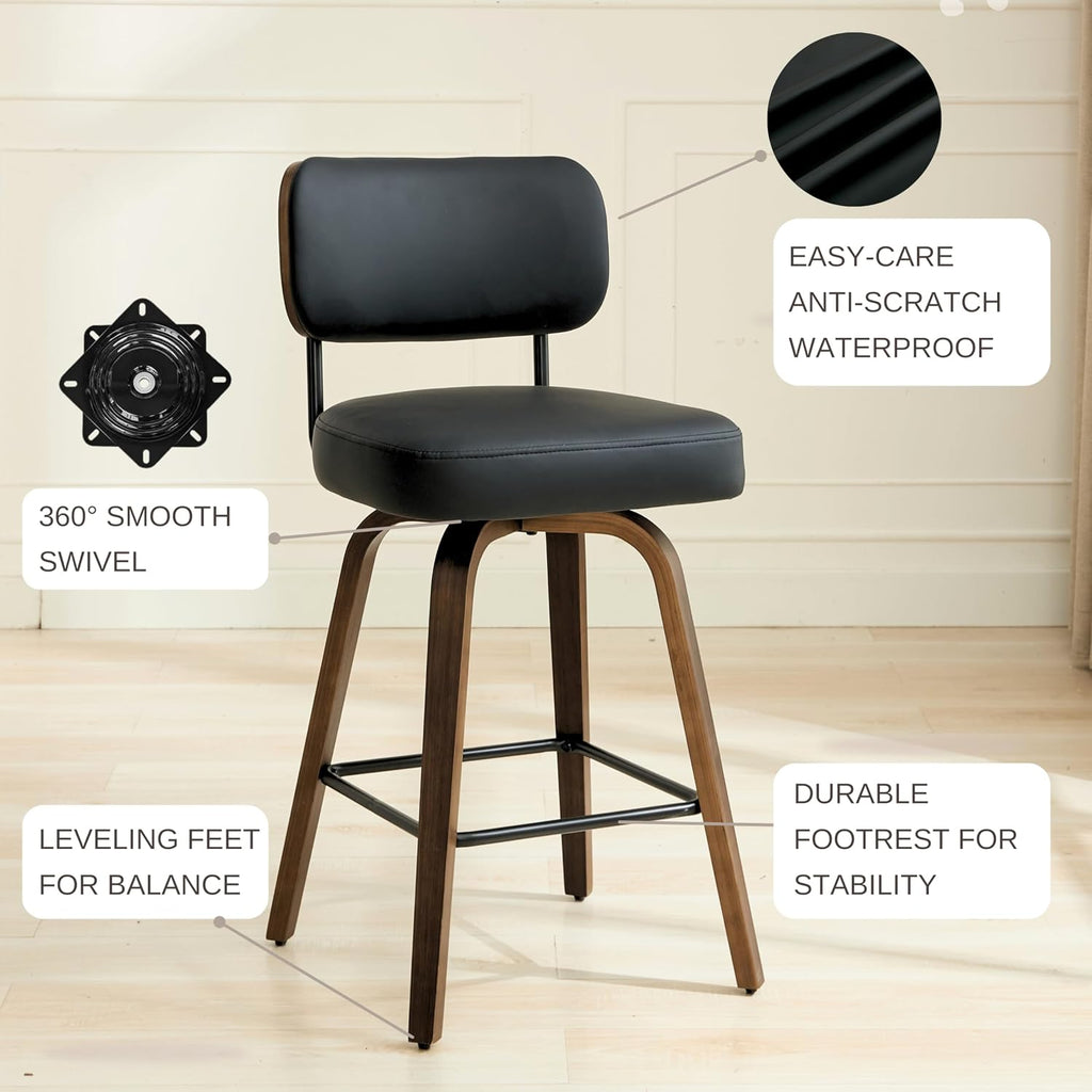 Black Swivel Bar Stools Walnut Legs Set of 3