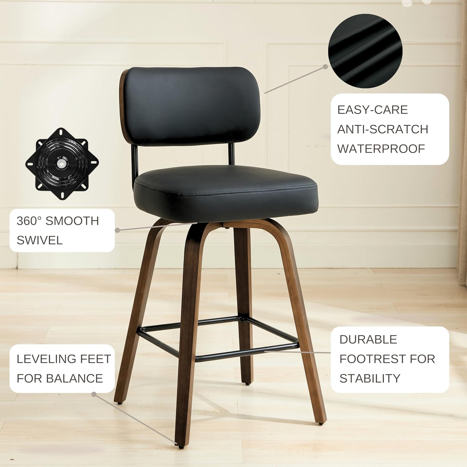 Black Swivel Bar Stools Walnut Legs Set of 3
