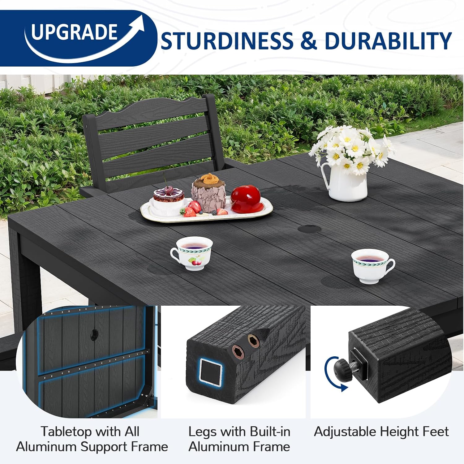 Black Square Patio Table Umbrella Hole Seats 4