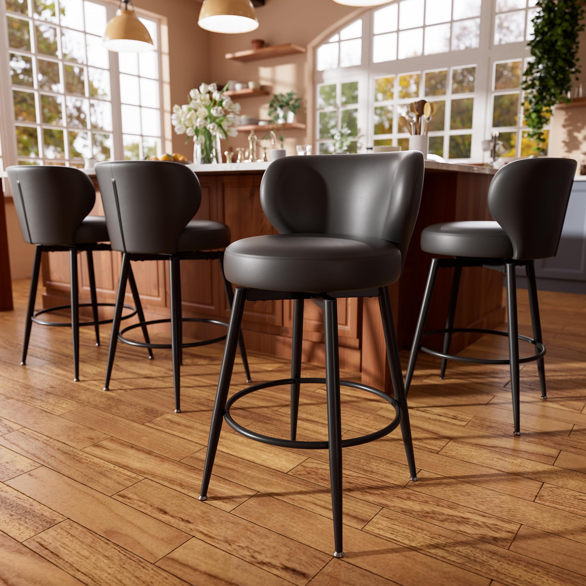 Swivel Brown Bar Stools Cushioned Winged Back Set 4