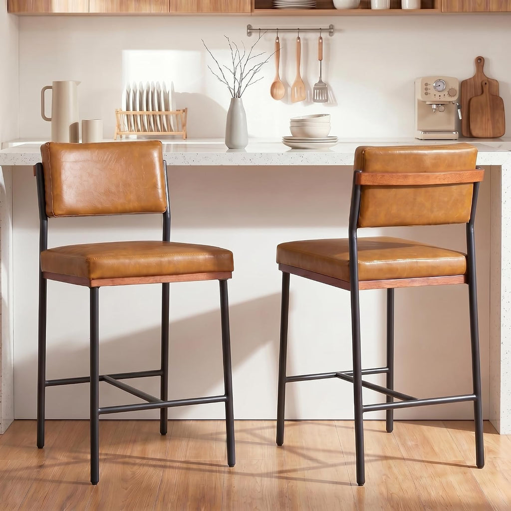 Brown Leather Bar Stools Wide Back Metal Legs Set 2