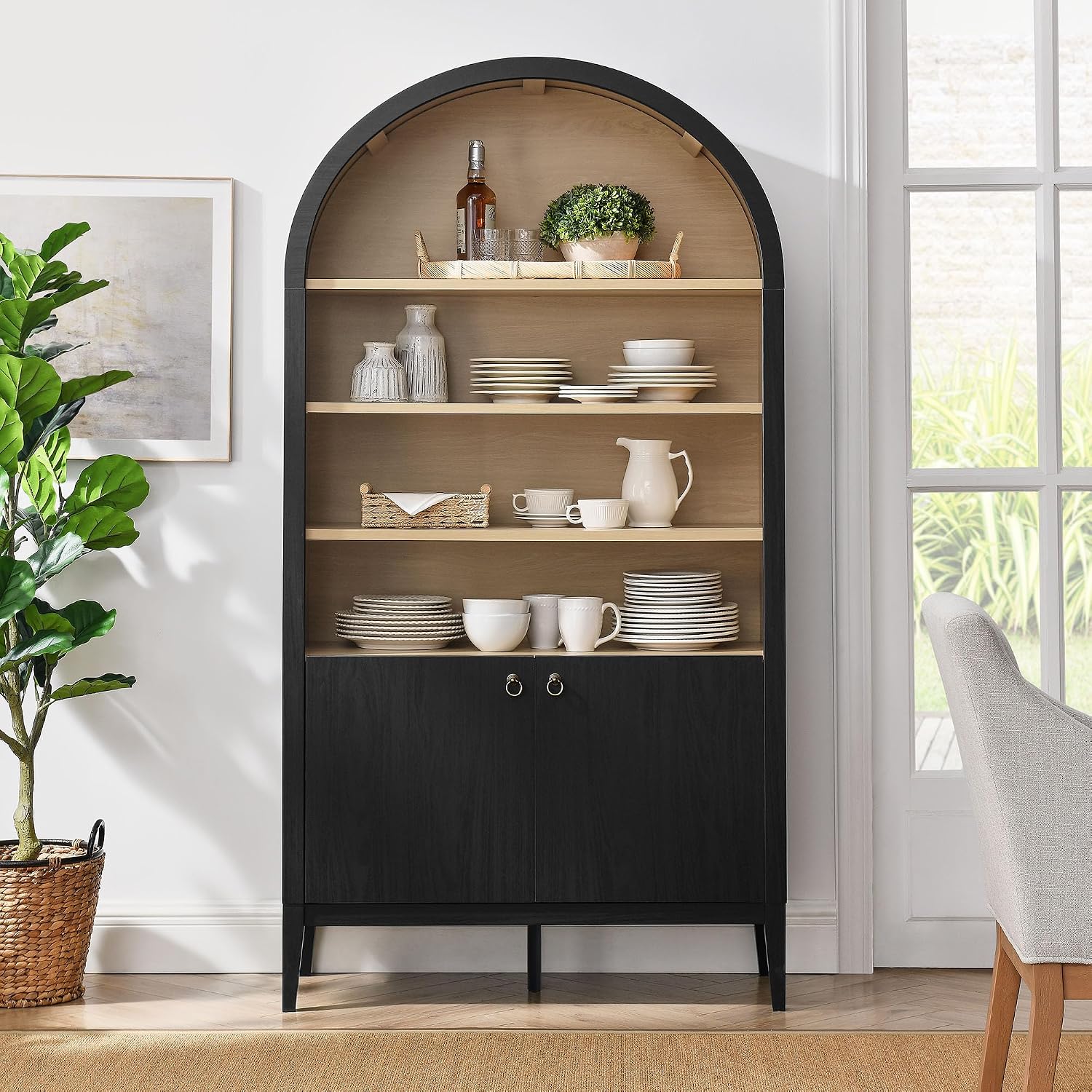 Tall Black Arched Display Storage Cabinet Bookshelf