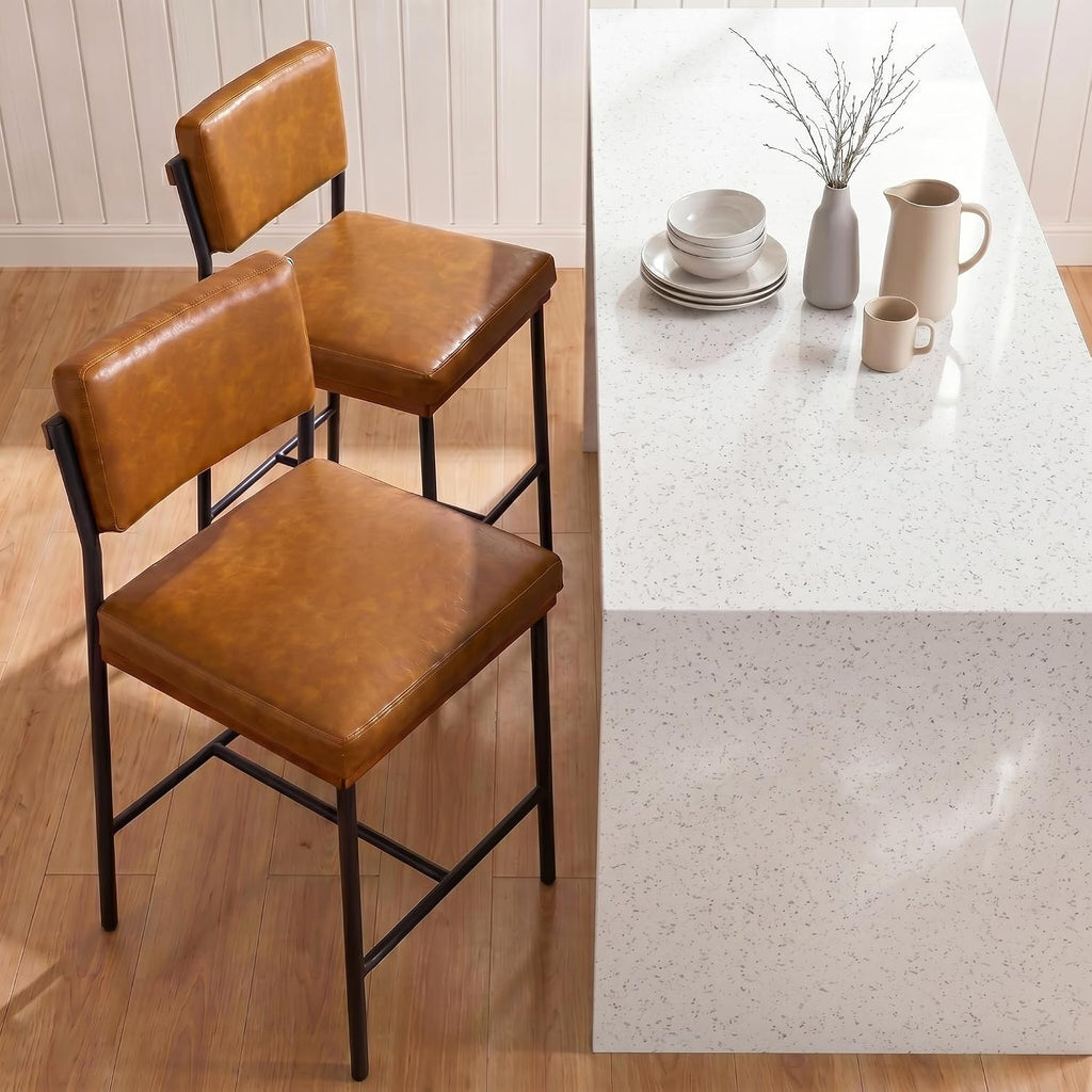 Brown Leather Bar Stools Wide Back Metal Legs Set 2