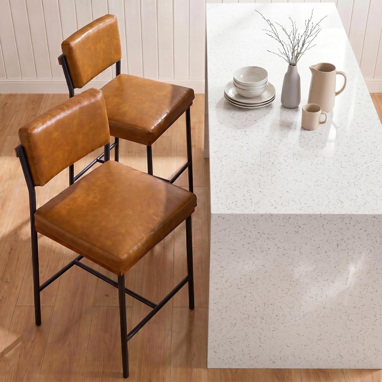 Brown Leather Bar Stools Wide Back Metal Legs Set 2
