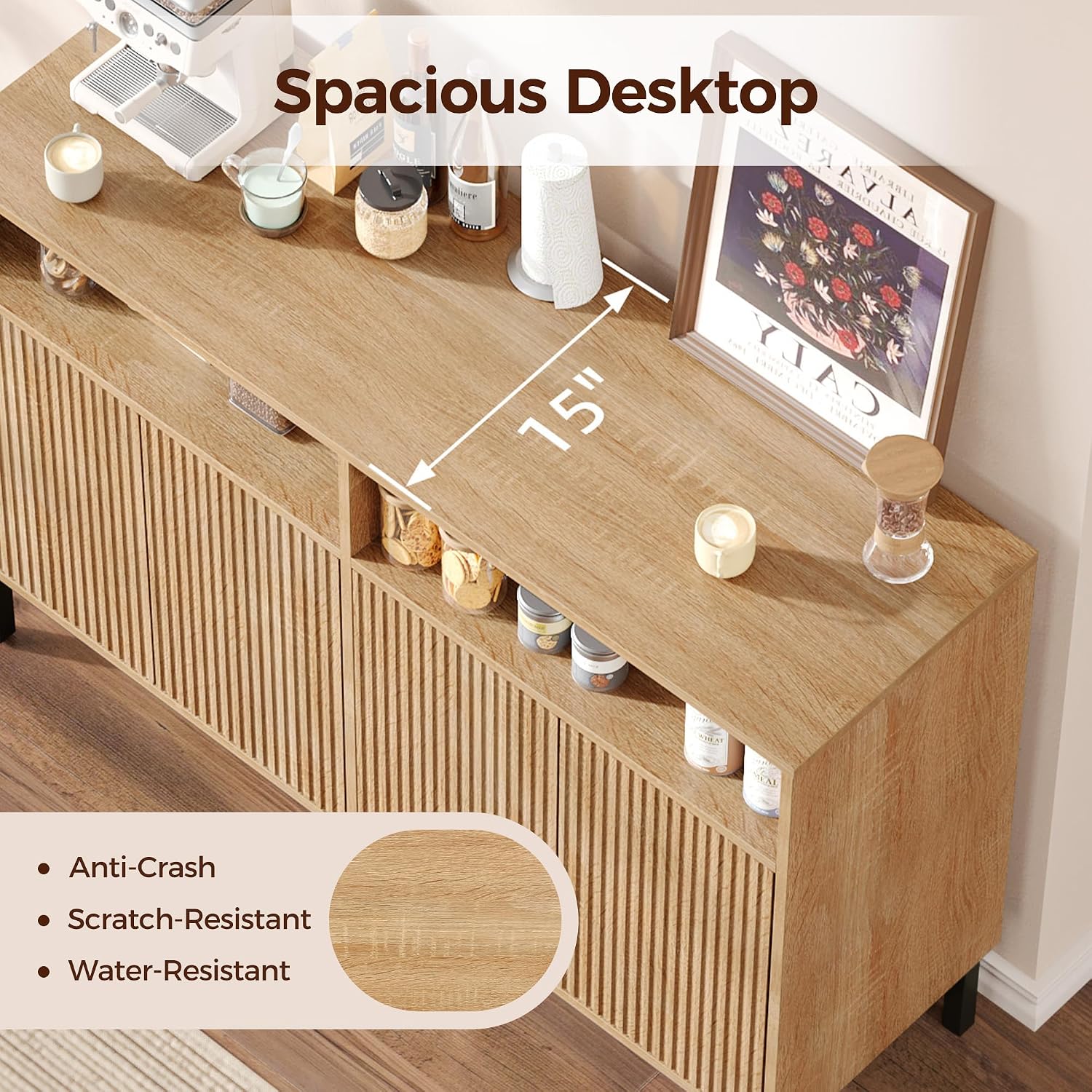 Fluted Sideboard Four Doors Open Storage Shelves