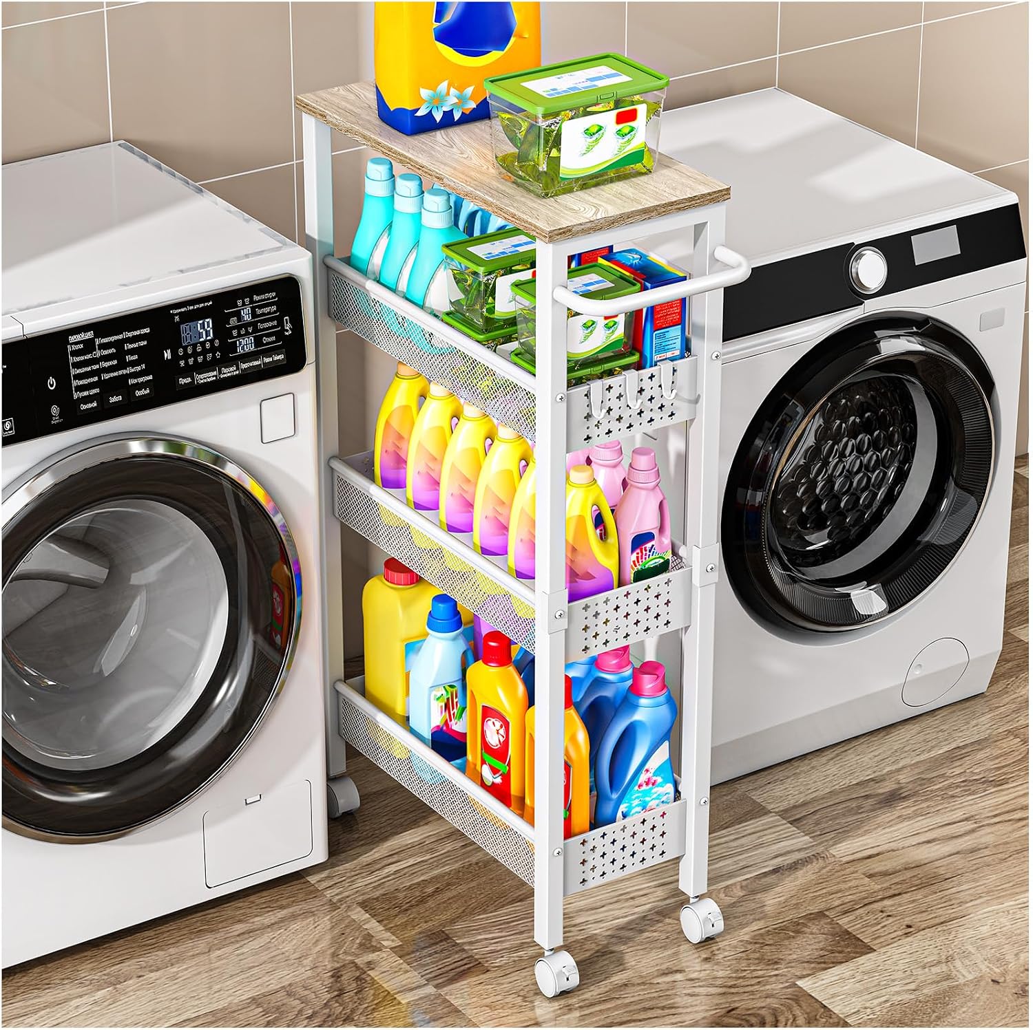 4-Tier Wood Top Slim Rolling Cart Handle White