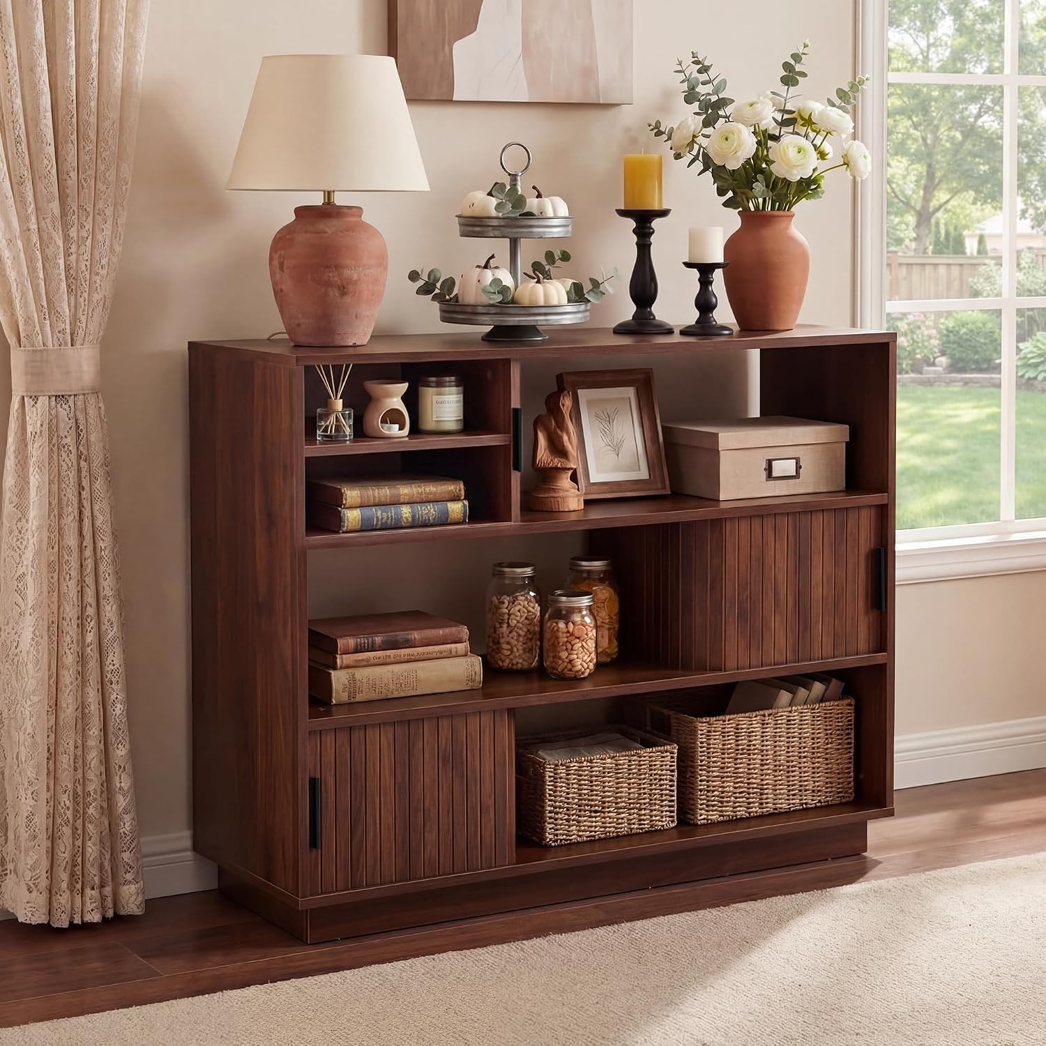 Sliding Door Sideboard with Adjustable Shelves Wood