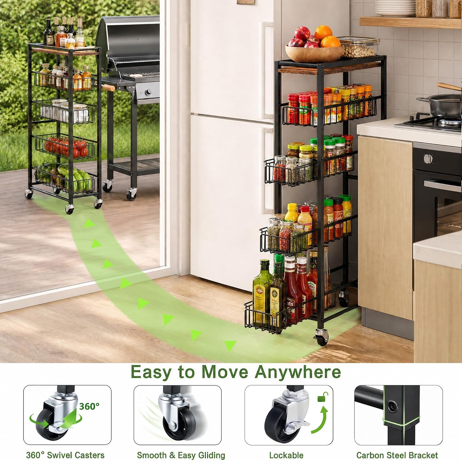 5-Tier Slim Cart with Four Pull Out Baskets