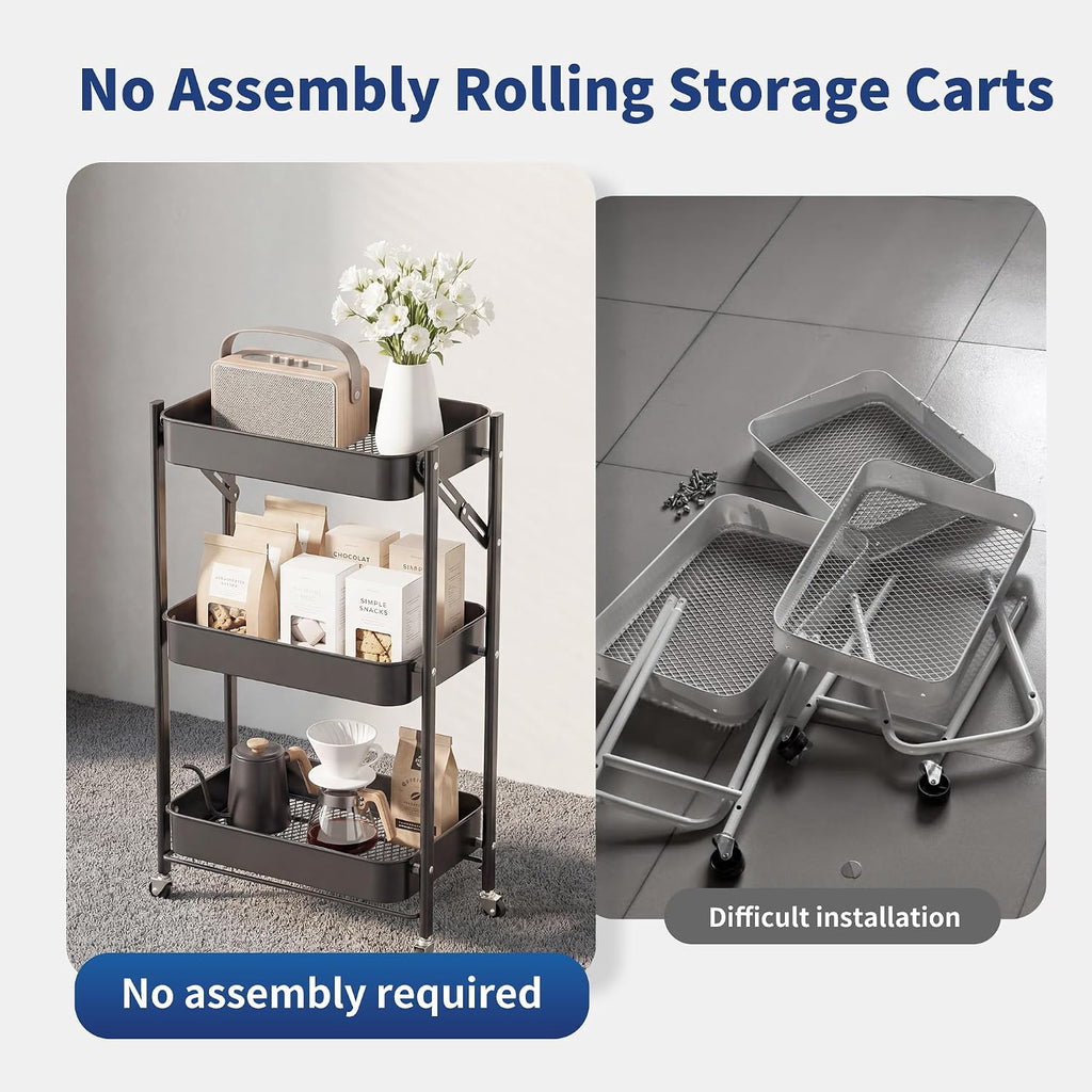 3-Tier Foldable Under Desk Rolling Storage Cart Black
