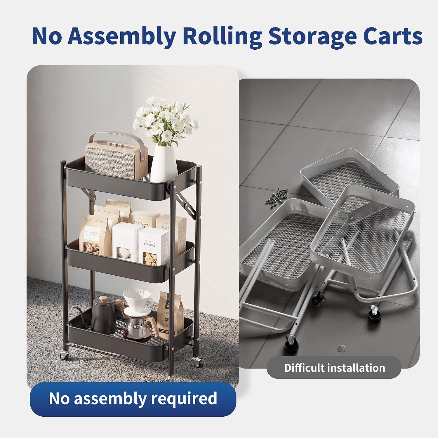 3-Tier Foldable Under Desk Rolling Storage Cart Black