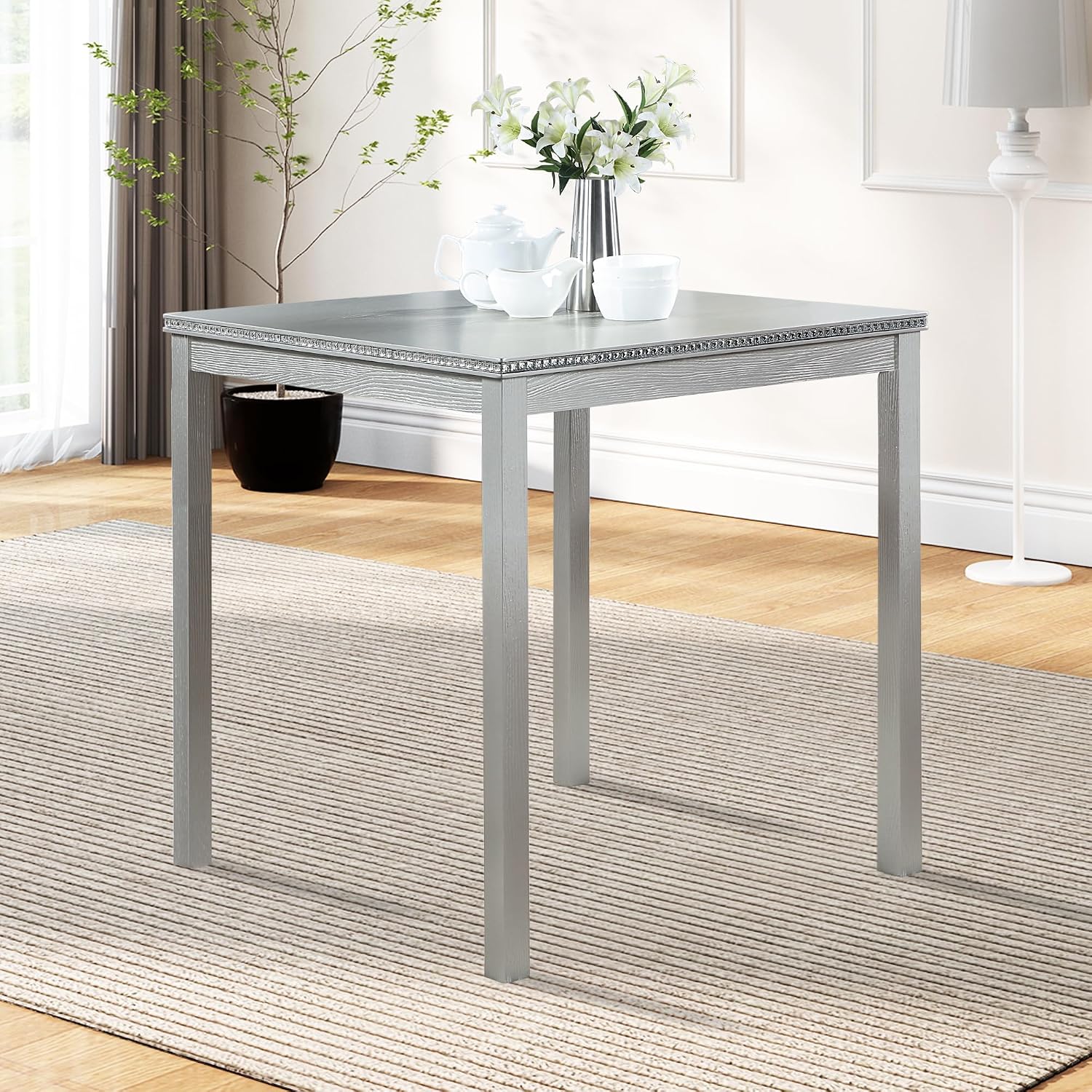 Silver Grey Square Wood Dining Table Seats Four