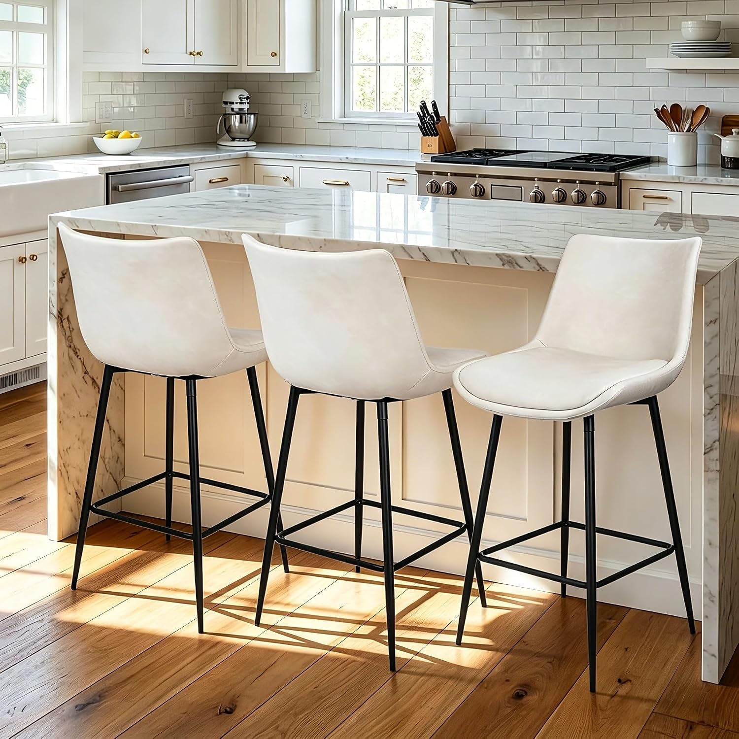 Beige Leather Bar Stools Metal Base Set of Three