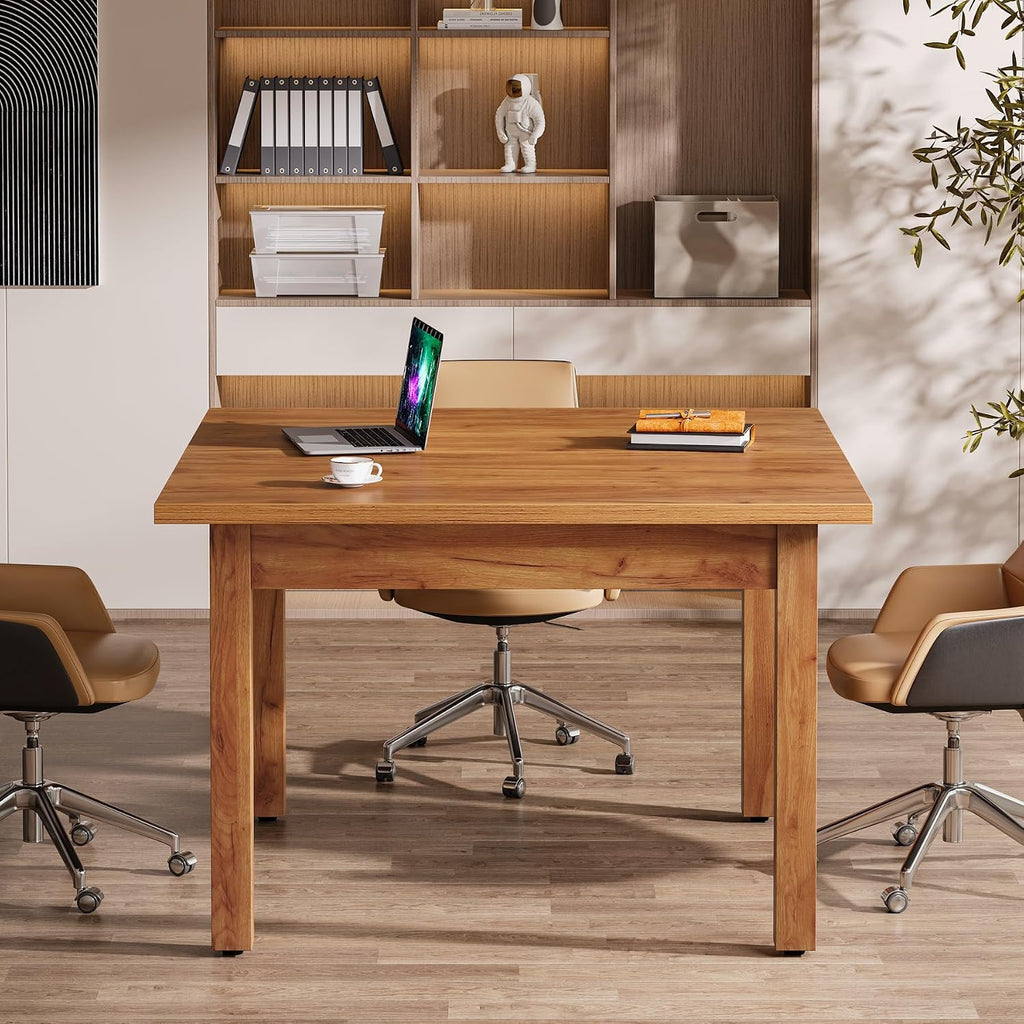 Oak Brown Square Conference Table Wood Legs Seats 4