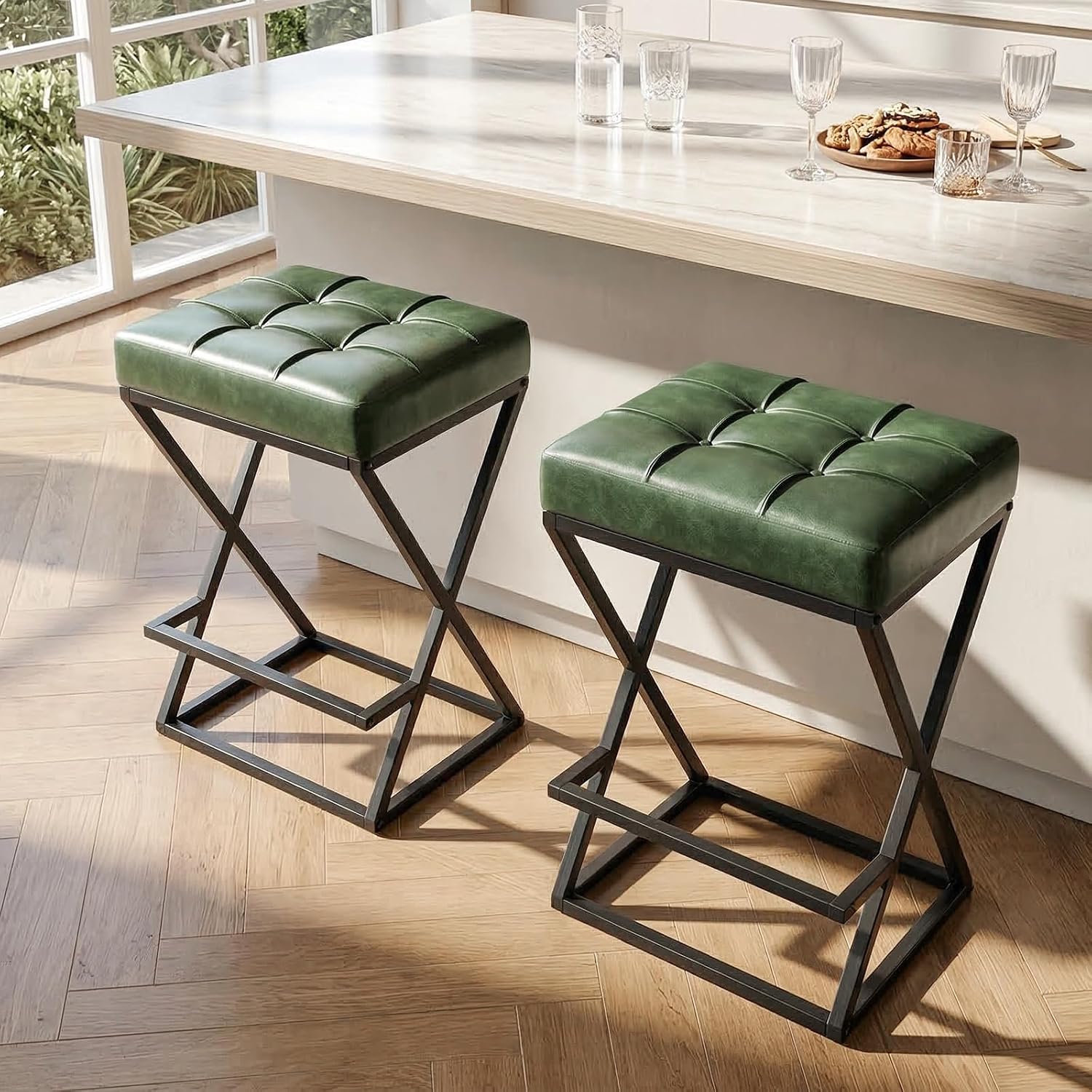 Green Backless Bar Stools X Frame Metal Legs Set 2