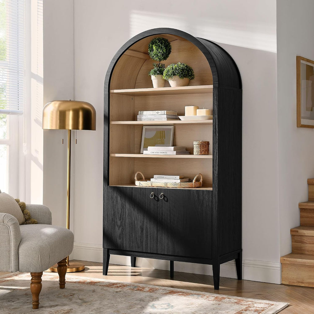Tall Black Arched Display Storage Cabinet Bookshelf