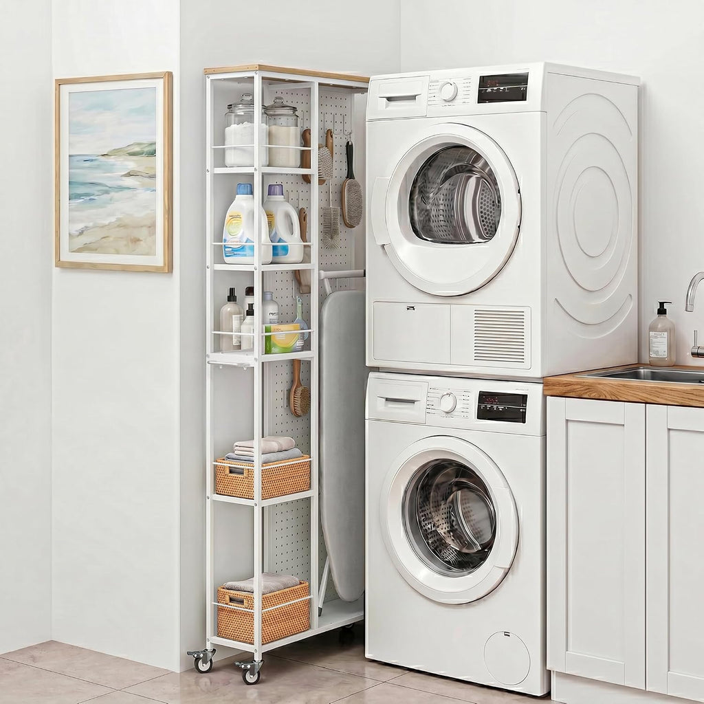 5-Tier Slim Rolling Cart with Pegboard White