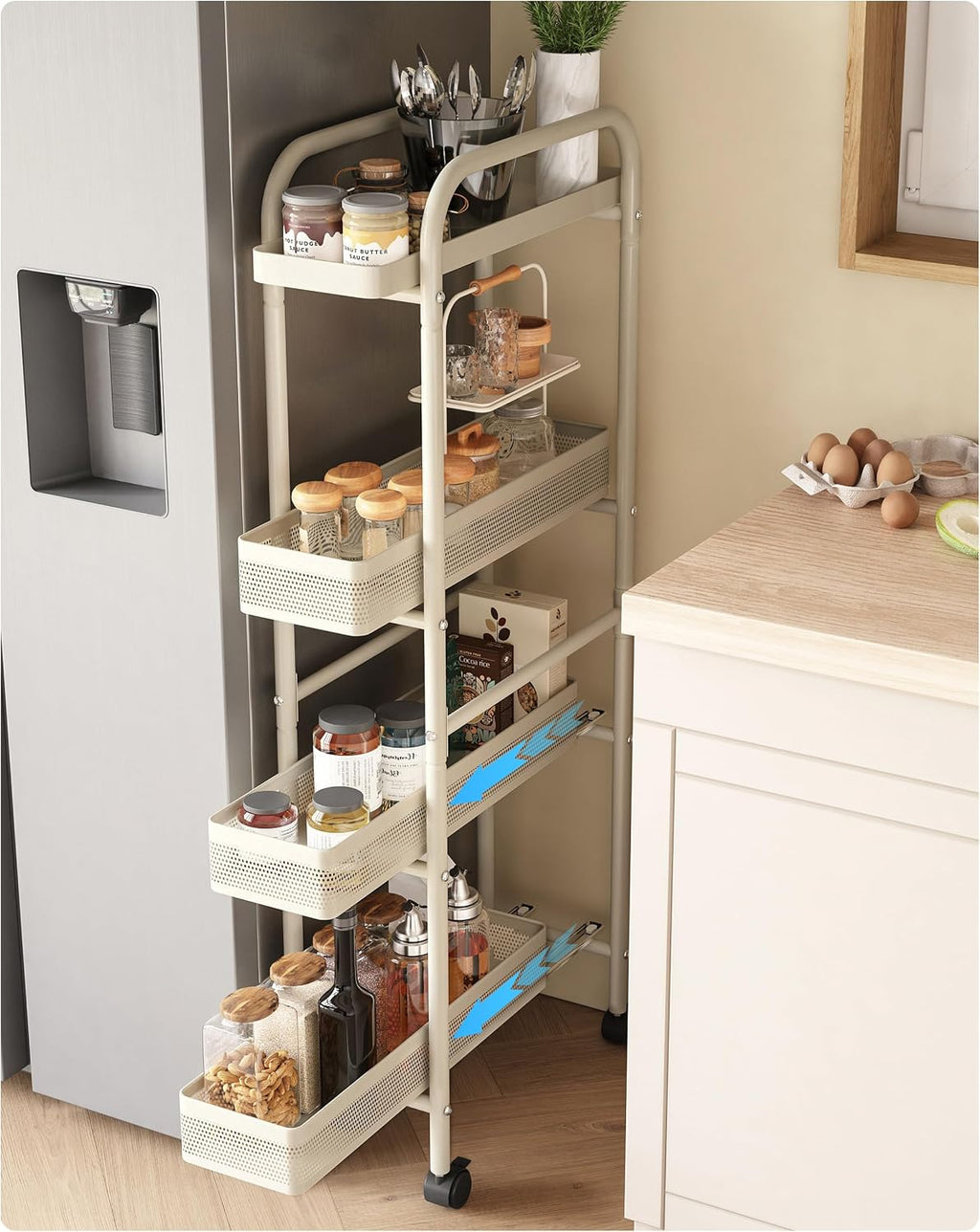 4-Tier Slim Rolling Cart with Pull Out Baskets White